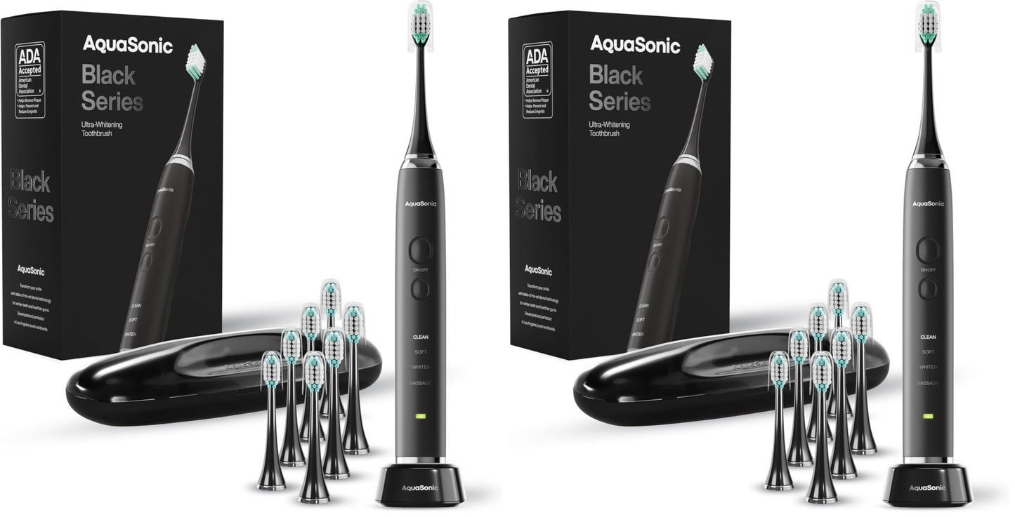 Aquasonic Black Series Ultra Whitening Toothbrush – ADA Accepted Electric Toothbrush- 8 Brush Heads & Travel Case – 40,000 VPM Electric Motor & Wireless Charging - 4 Modes w Smart Timer