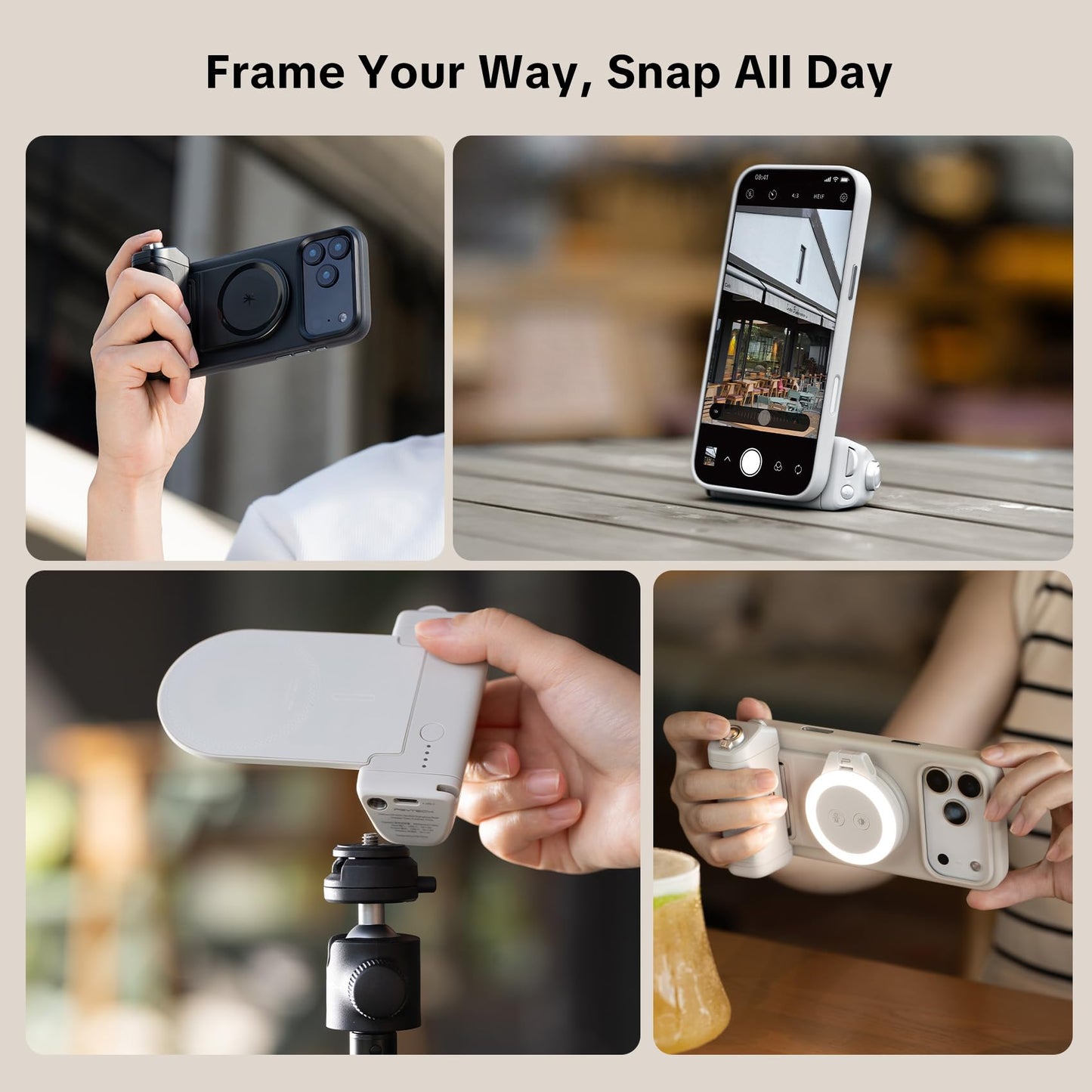 PGYTECH MagCam Phone Camera Grip with App, Built in 3000mAh Powerbank/Detachable Bluetooth Remote/Phone Stand, 3-in-1 Magnetic Camera Phone Grip with MagSafe Wireless Charging, Grey