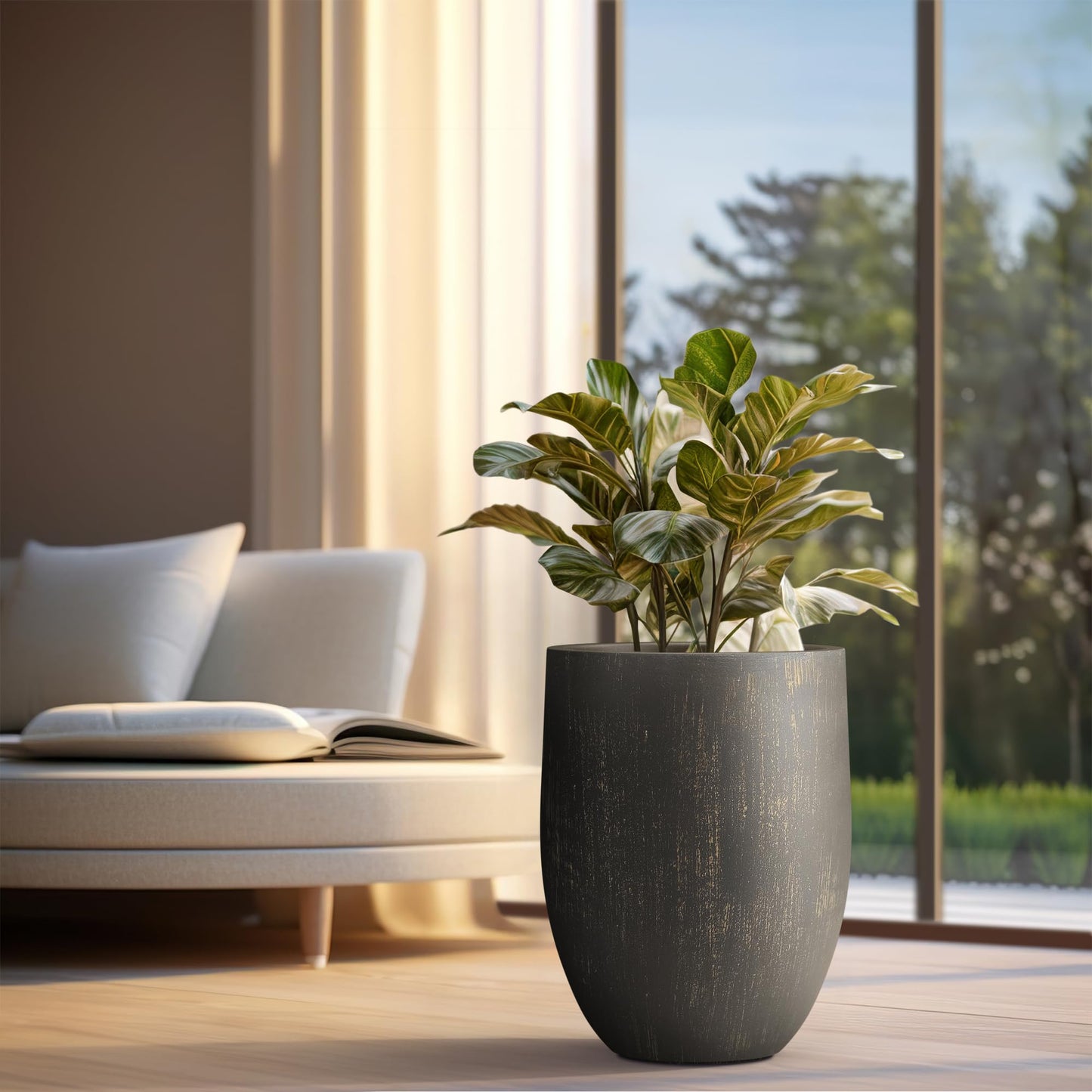 Kante Tall Concrete Planter, 21.7-Inch Height Weathered Concrete Large Indoor Outdoor Plant Pot with Drainage Hole for Patio Garden Home, Modern Decor for Flowers and Tree