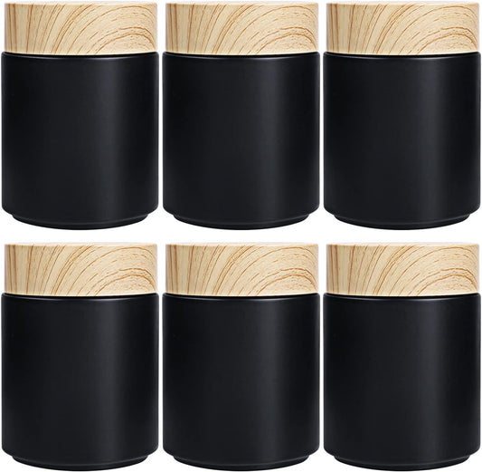 Furnido 6 Pack 8 oz Black Round Glass Jars,Empty Glass Cosmetic Containers with Plastic Wood Grain Lid,Inner Liners for Lotion,Powders,Ointments,Storage Creams,Candle Making