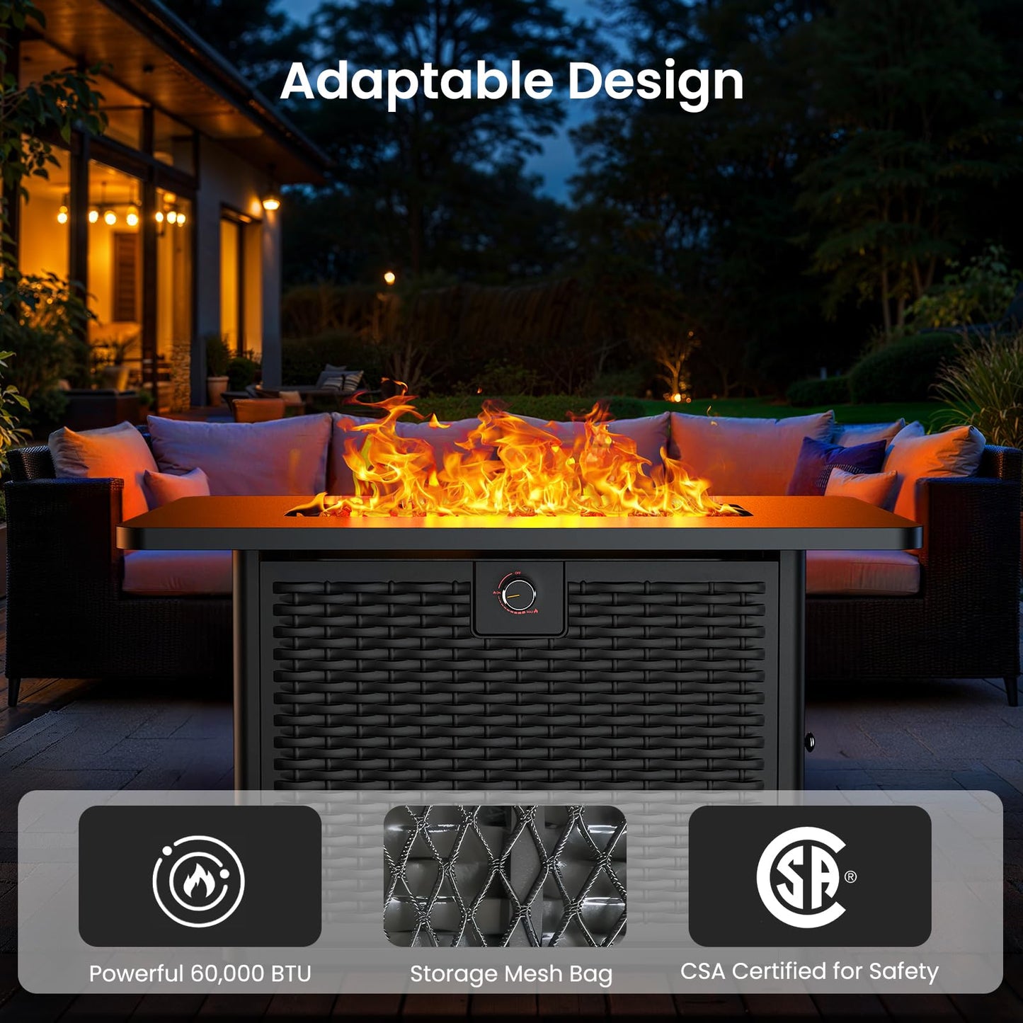 Ciays 43-Inch Rectangular Propane Fire Pit with 60,000 BTU Output, Fire Pit Table Premium Gas for Outside Patio with 304 Stainless Steel H-Burner, Glass Stones, and Wind Guard,Black