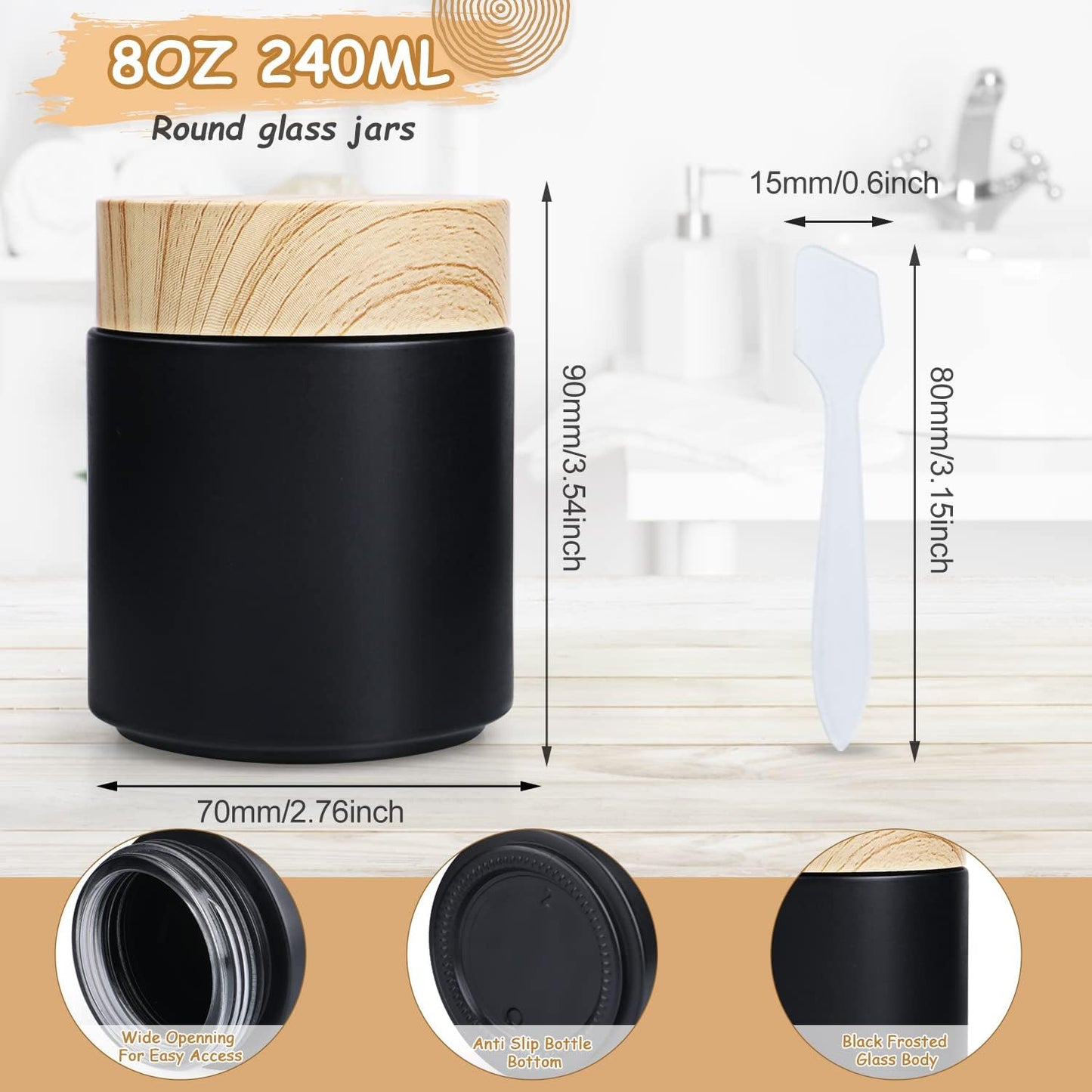 Furnido 6 Pack 8 oz Black Round Glass Jars,Empty Glass Cosmetic Containers with Plastic Wood Grain Lid,Inner Liners for Lotion,Powders,Ointments,Storage Creams,Candle Making