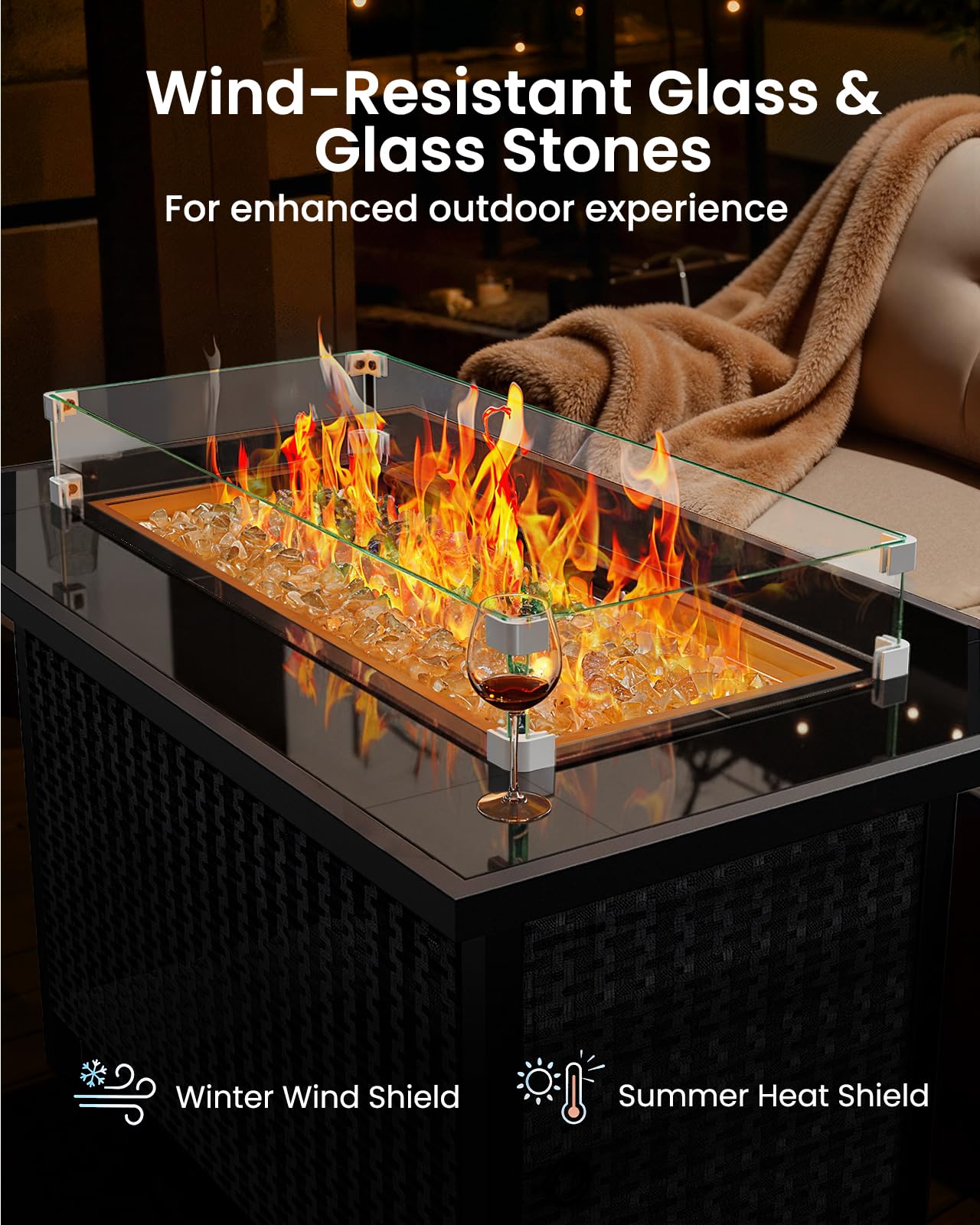 Ciays 43-Inch Rectangular Propane Fire Pit with 60,000 BTU Output, Fire Pit Table Premium Gas for Outside Patio with 304 Stainless Steel H-Burner, Glass Stones, and Wind Guard,Black