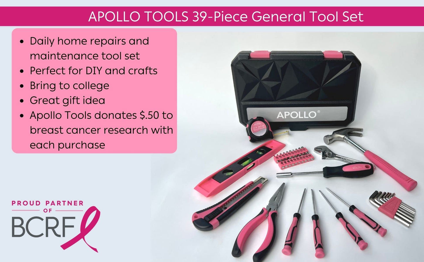 Apollo Tools Original 39 Piece General Household Tool Set in Toolbox Storage Case with Essential Hand Tools for Everyday Home Repairs, DIY and Crafts - Pink Ribbon - Pink - DT9706P