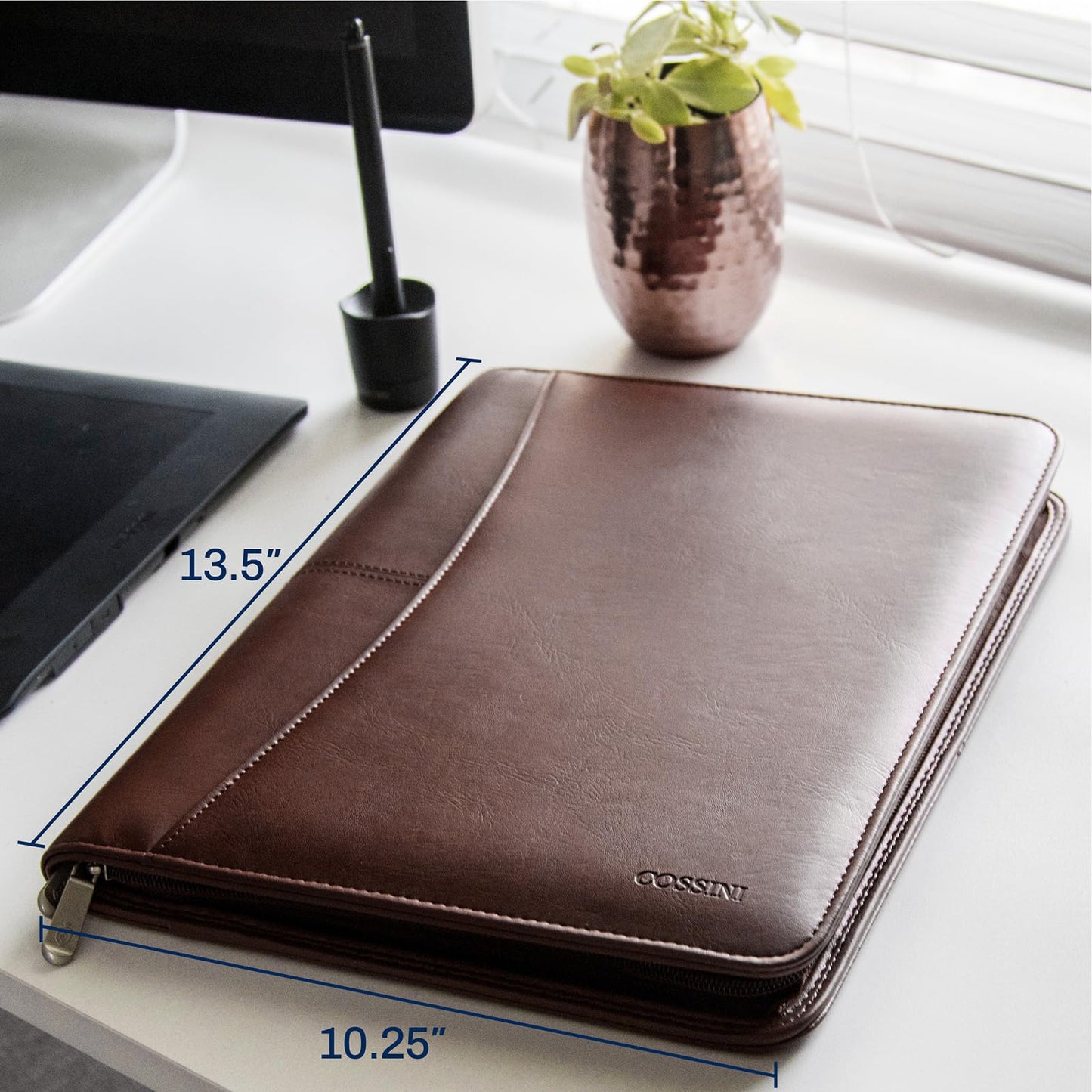 Cossini Black Superior Vegan Leather Business Portfolio with Zipper – Padfolio All-in-One. Smartest Protective 10.1 Inch Tablet Sleeve, Presentation Slot, Solar Calculator, Card Storage, Writing Pad