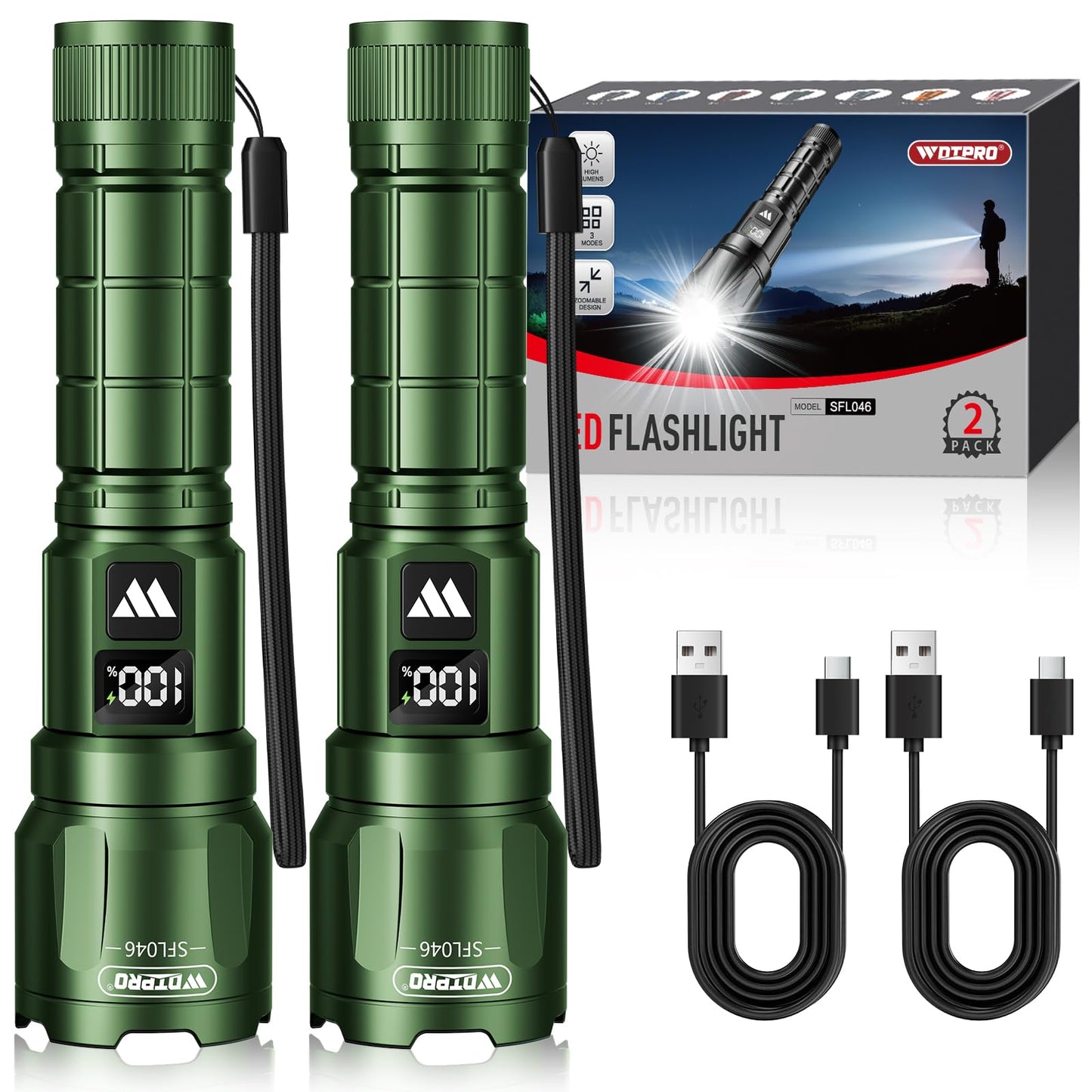 Wdtpro LED Rechargeable Flashlight 2Pack, 3Modes Super Bright High Lumens Flashlights, Zoomable Tactical Flashlight with LCD Display, IP65 Waterproof Flashlights for Home Emergency Camping & Gifts Men