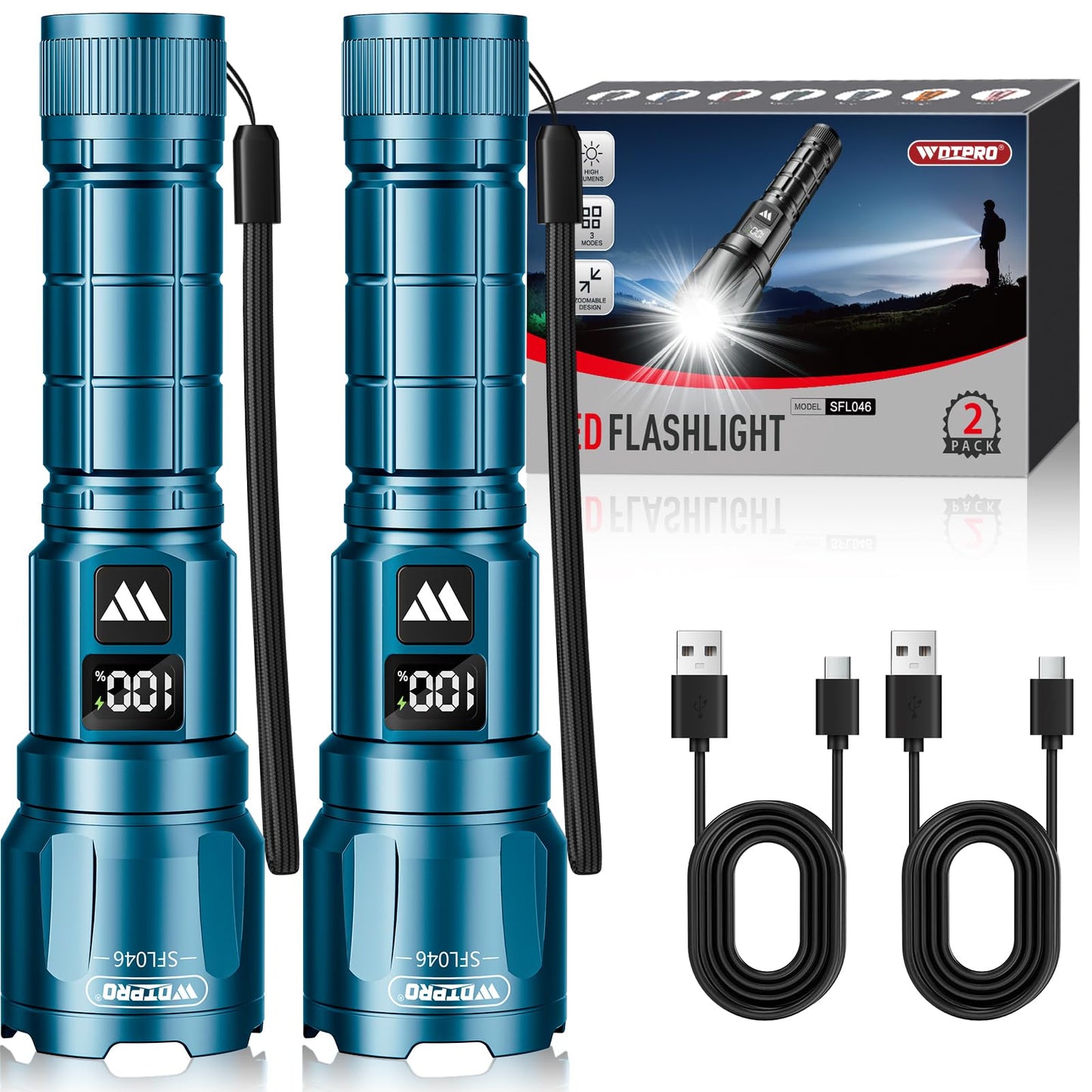 Wdtpro LED Rechargeable Flashlight 2Pack, 3Modes Super Bright High Lumens Flashlights, Zoomable Tactical Flashlight with LCD Display, IP65 Waterproof Flashlights for Home Emergency Camping & Gifts Men