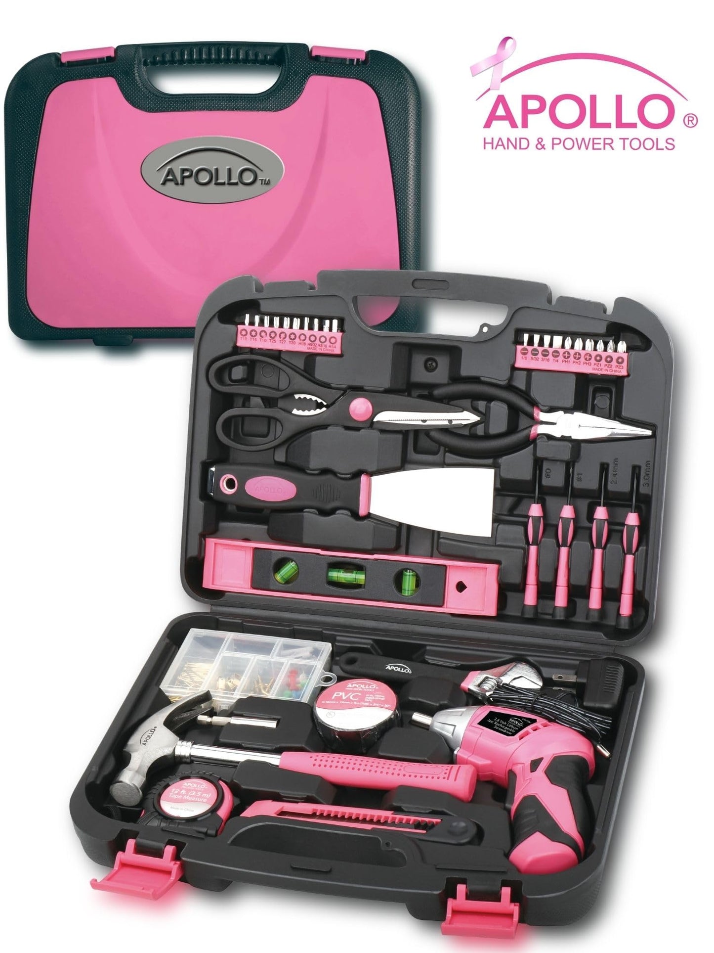 Apollo Tools Original 39 Piece General Household Tool Set in Toolbox Storage Case with Essential Hand Tools for Everyday Home Repairs, DIY and Crafts - Pink Ribbon - Pink - DT9706P