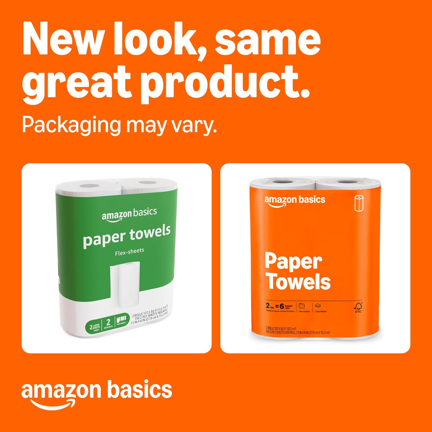 Amazon Basics 2-Ply Flex-Sheets Paper Towels, 12 Basics Rolls = 40 Regular Rolls, Everyday Value with 150 Sheets per Roll, Packaging May Vary