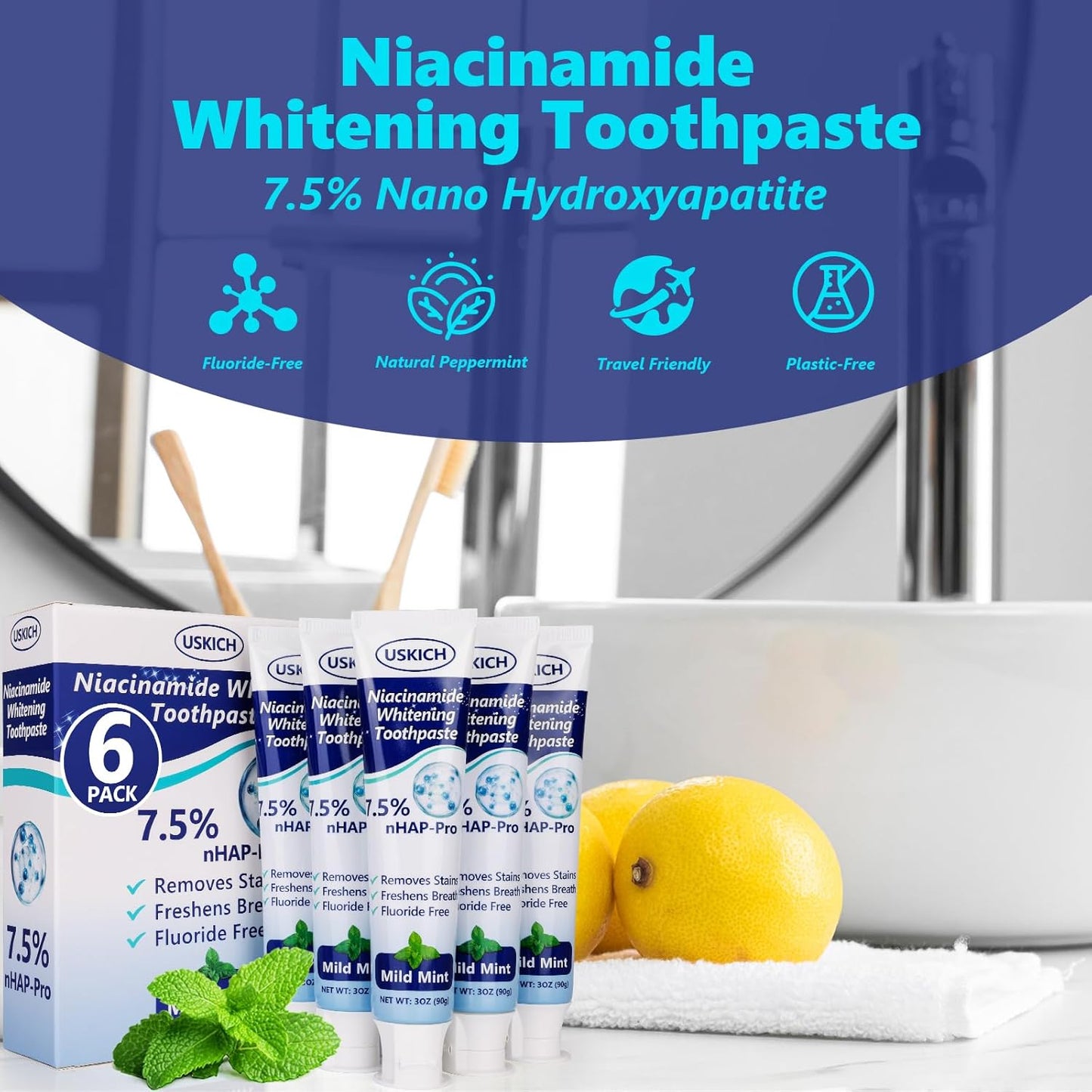 7.5% Nano-Hydroxyapatite Toothpaste,3 Pack Fresh Breath Whitening Toothpaste for Remineralizing Enamel & Sensitive Relief,Antiplaque,Natural Peppermint,Fluoride-Free