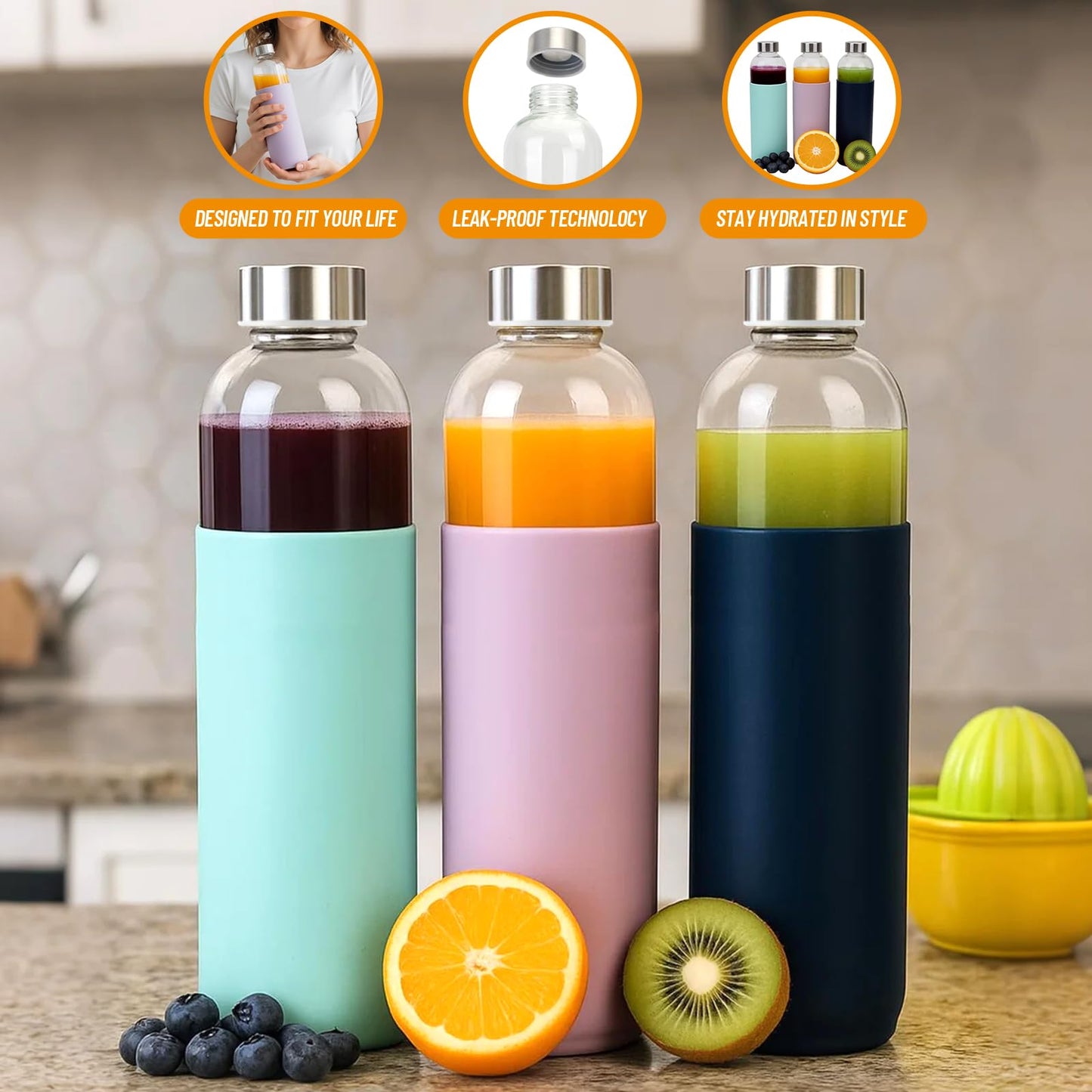Luxfuel Clear Glass Bottles with Lids 18 oz, Reusable Glass Water Bottles with Stainless Steel Cap for Refrigerator, Juicing, 100% Leak Proof, BPA Free, Juice Bottle Drinking Jar Containers Set of 6