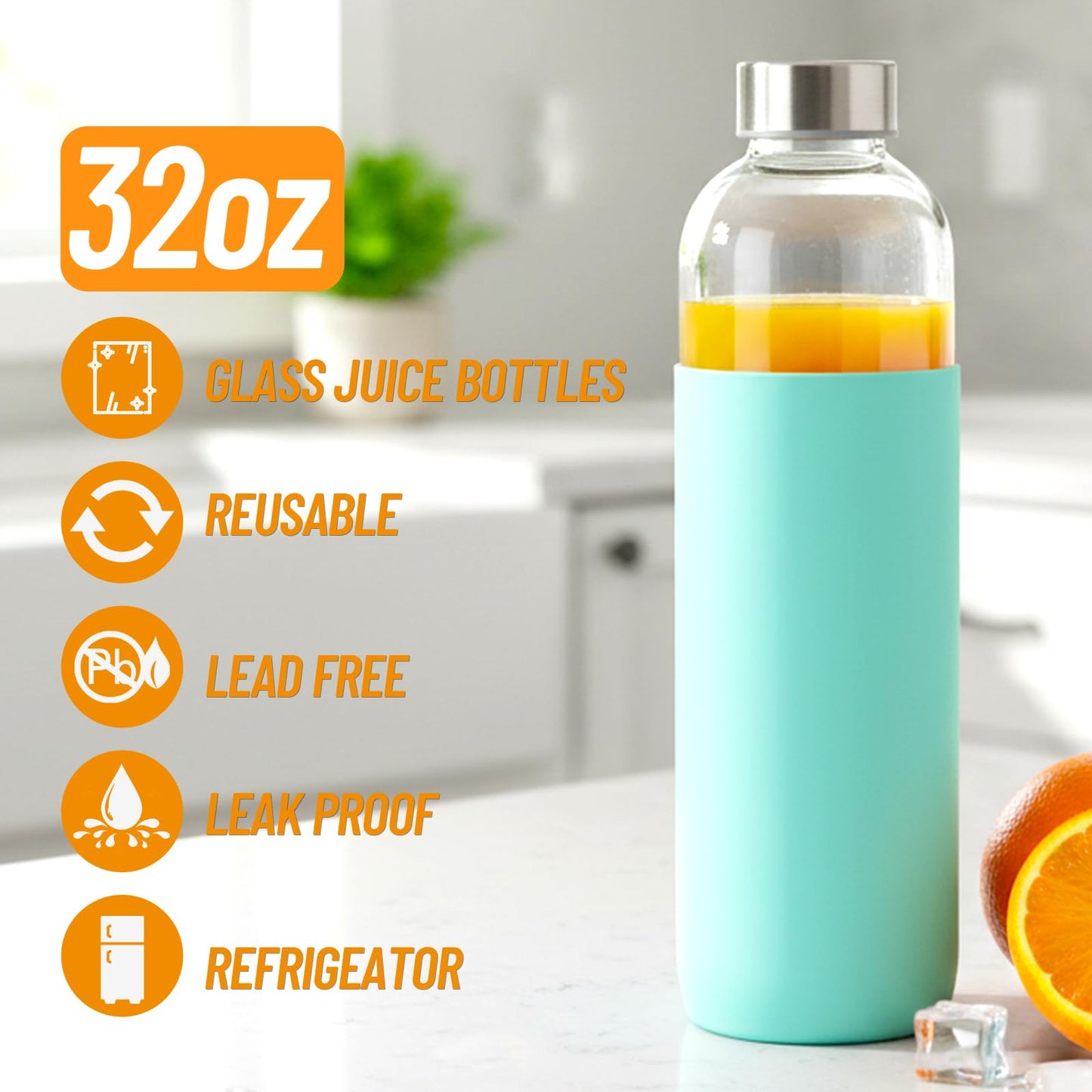 Luxfuel Clear Glass Bottles with Lids 18 oz, Reusable Glass Water Bottles with Stainless Steel Cap for Refrigerator, Juicing, 100% Leak Proof, BPA Free, Juice Bottle Drinking Jar Containers Set of 6
