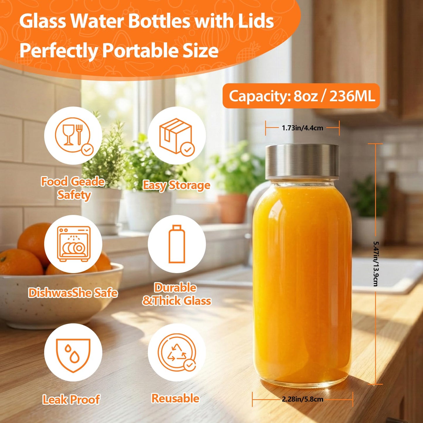 Luxfuel Clear Glass Bottles with Lids 18 oz, Reusable Glass Water Bottles with Stainless Steel Cap for Refrigerator, Juicing, 100% Leak Proof, BPA Free, Juice Bottle Drinking Jar Containers Set of 6