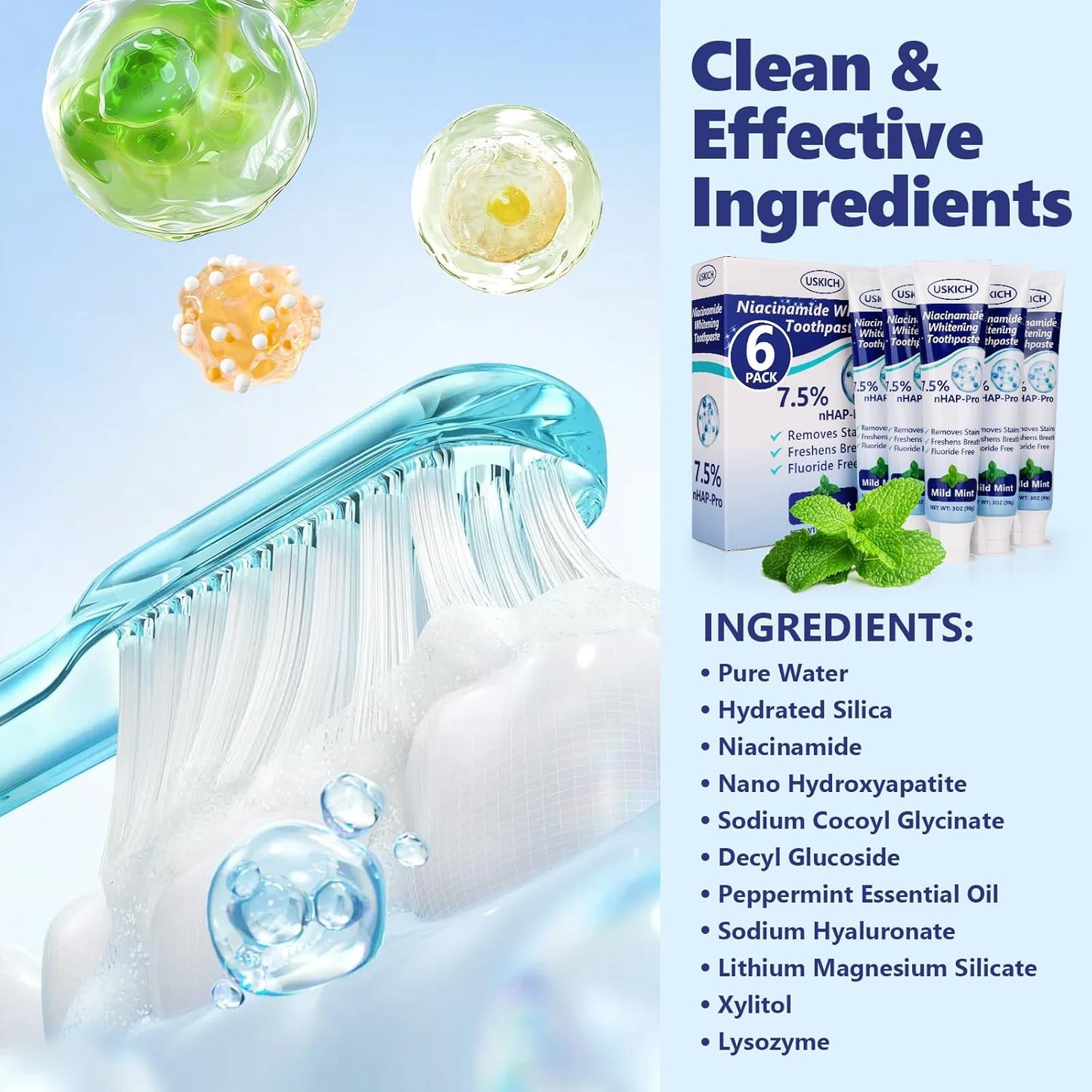7.5% Nano-Hydroxyapatite Toothpaste,3 Pack Fresh Breath Whitening Toothpaste for Remineralizing Enamel & Sensitive Relief,Antiplaque,Natural Peppermint,Fluoride-Free