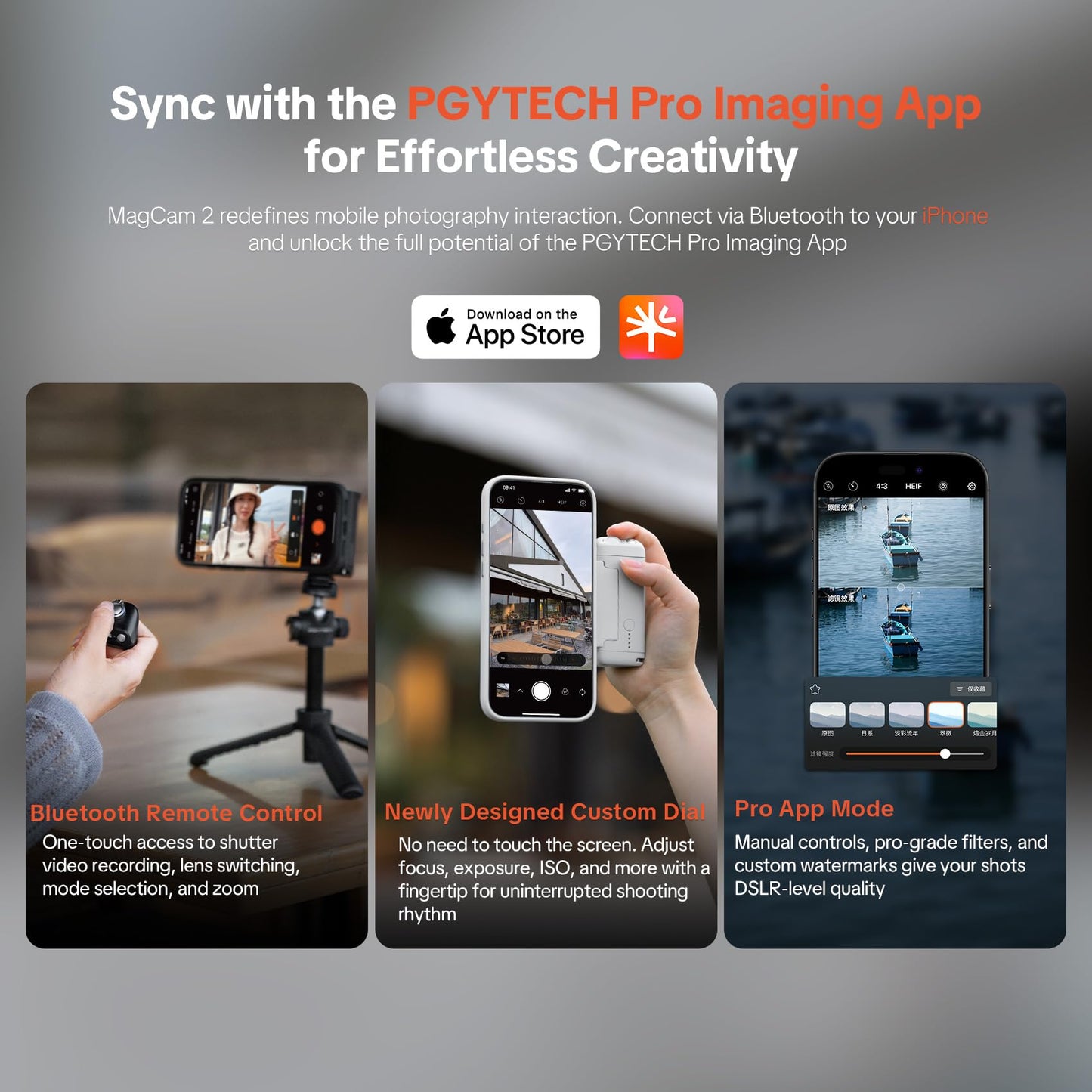 PGYTECH MagCam Phone Camera Grip with App, Built in 3000mAh Powerbank/Detachable Bluetooth Remote/Phone Stand, 3-in-1 Magnetic Camera Phone Grip with MagSafe Wireless Charging, Grey
