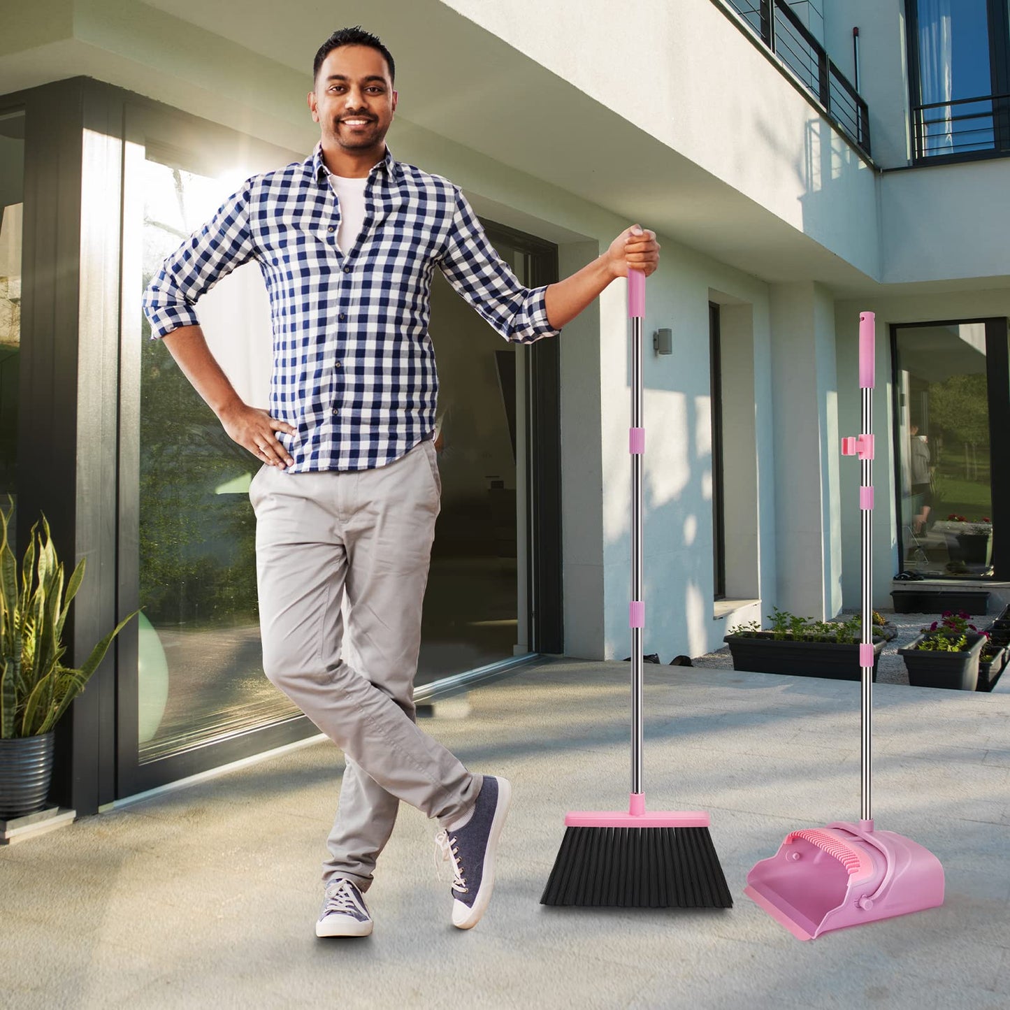 kelamayi Upgrade Broom and Dustpan Set, Self-Cleaning with Dustpan Teeth, Indoor&Outdoor Sweeping, Ideal for Dog Cat Pets Home Use, Stand Up Broom and Dustpan (Gray&Orange)