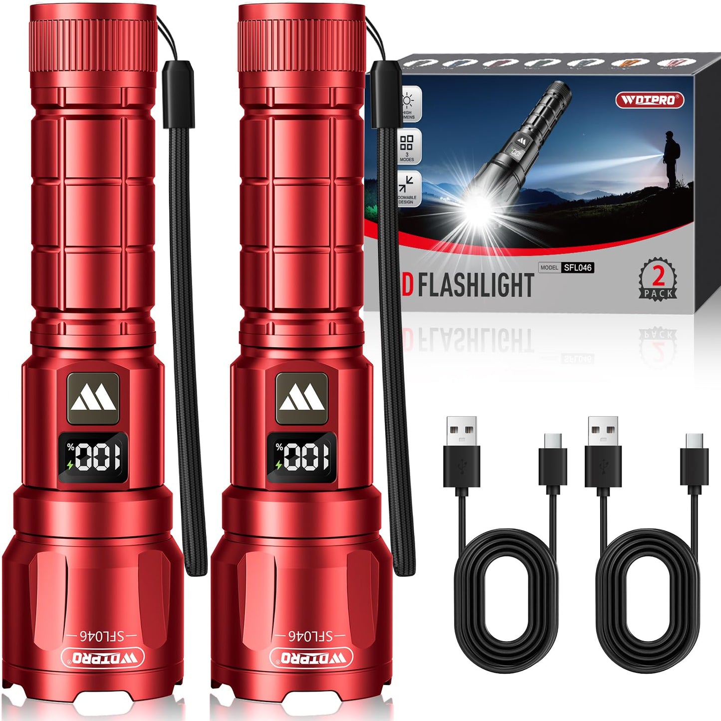 Wdtpro LED Rechargeable Flashlight 2Pack, 3Modes Super Bright High Lumens Flashlights, Zoomable Tactical Flashlight with LCD Display, IP65 Waterproof Flashlights for Home Emergency Camping & Gifts Men