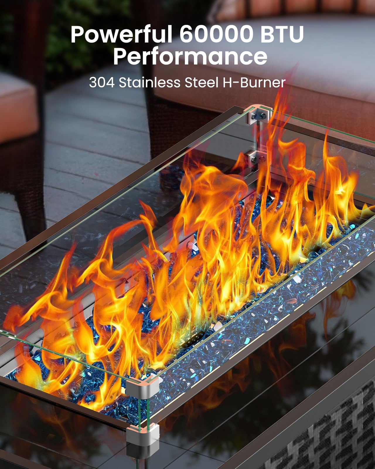 Ciays 43-Inch Rectangular Propane Fire Pit with 60,000 BTU Output, Fire Pit Table Premium Gas for Outside Patio with 304 Stainless Steel H-Burner, Glass Stones, and Wind Guard,Black