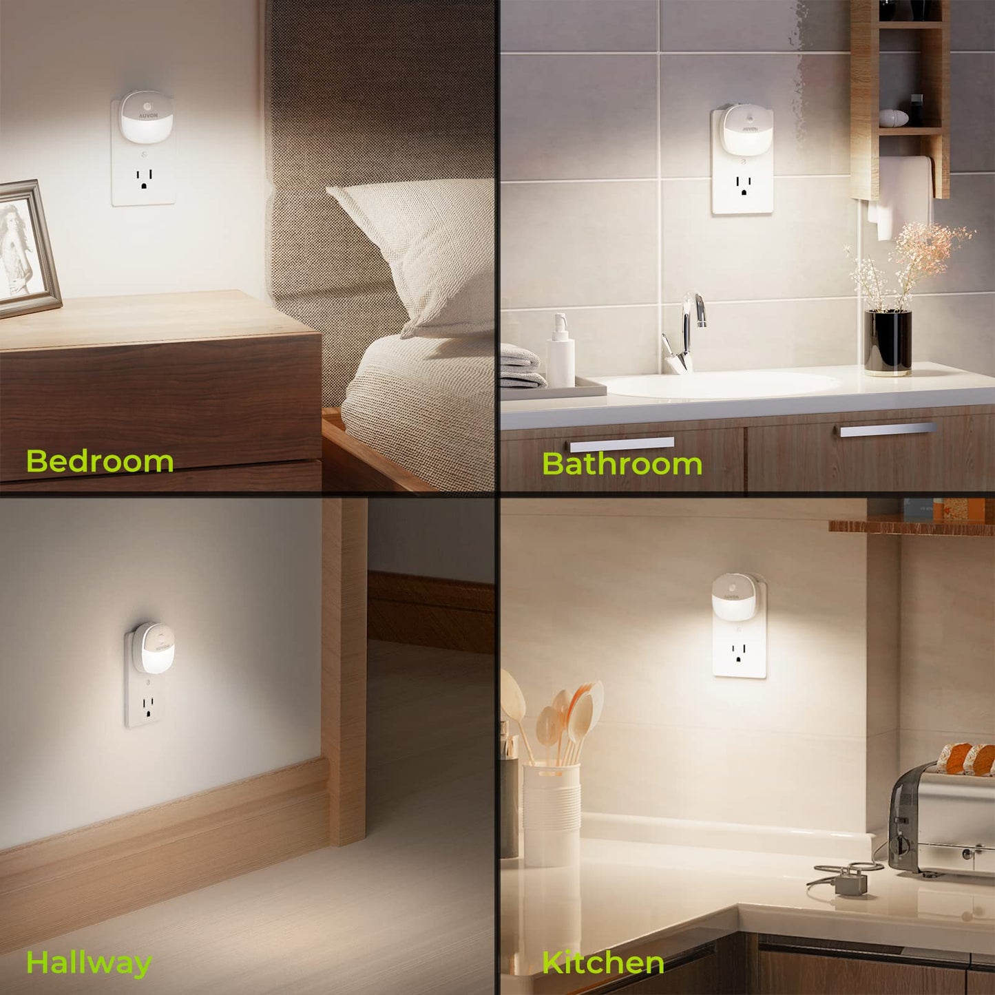 AUVON Plug in Night Light with Motion Sensor and Dusk to Dawn Sensor, Mini Warm White LED Nightlight with 1-50 lm Adjustable Brightness for Bathroom, Hallway, Stairs, Bedroom, Kitchen, 4 Packs