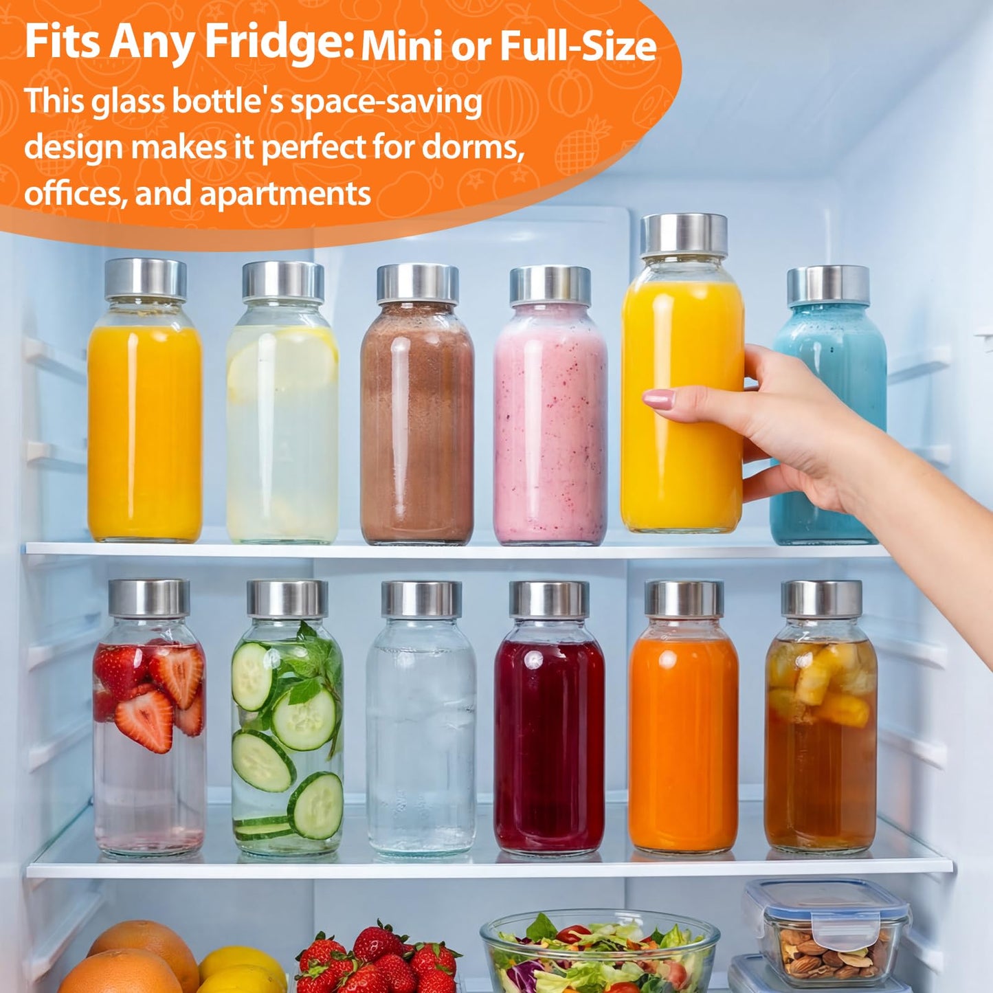 Luxfuel Clear Glass Bottles with Lids 18 oz, Reusable Glass Water Bottles with Stainless Steel Cap for Refrigerator, Juicing, 100% Leak Proof, BPA Free, Juice Bottle Drinking Jar Containers Set of 6
