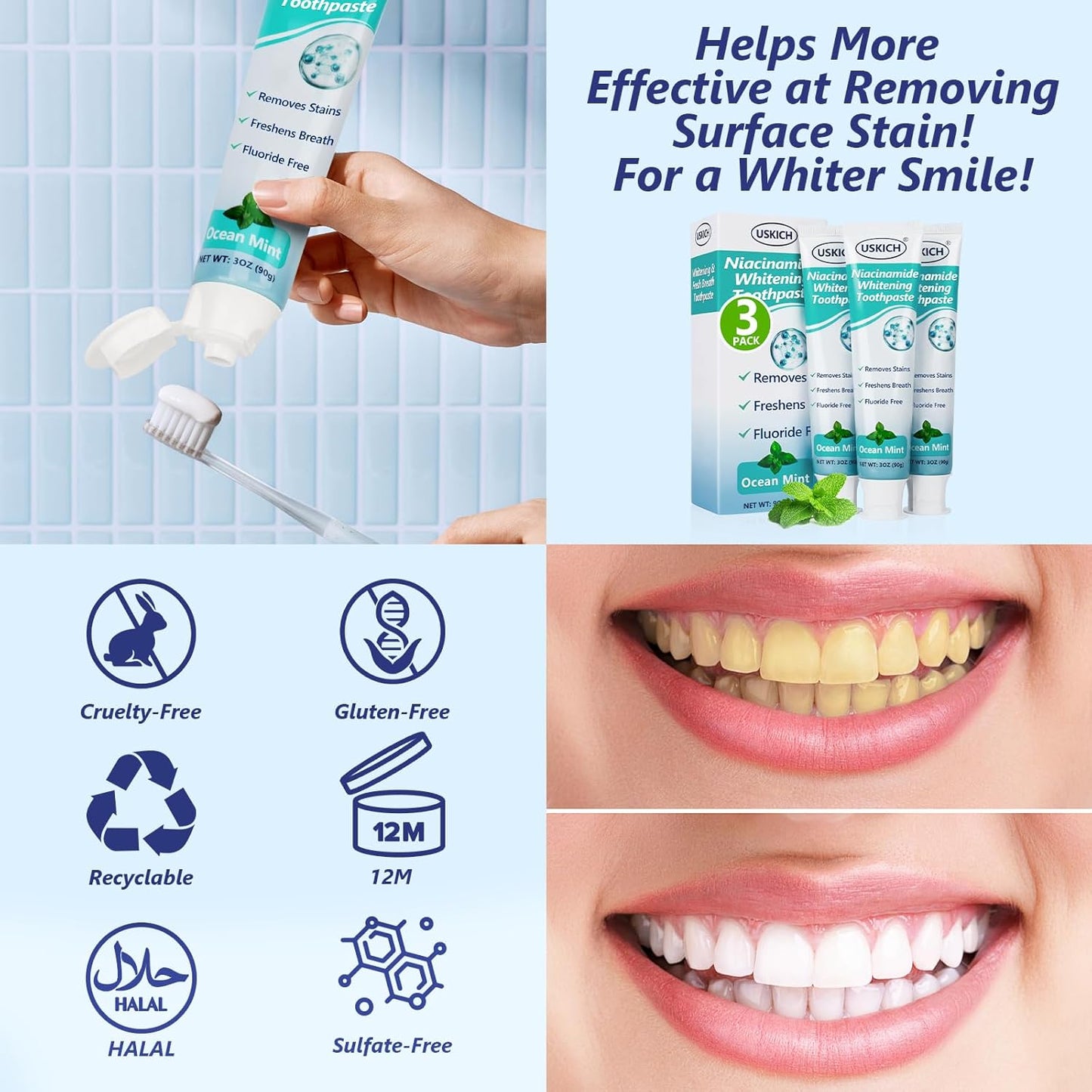 7.5% Nano-Hydroxyapatite Toothpaste,3 Pack Fresh Breath Whitening Toothpaste for Remineralizing Enamel & Sensitive Relief,Antiplaque,Natural Peppermint,Fluoride-Free