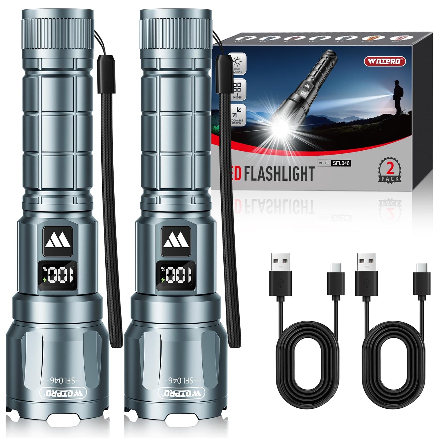 Wdtpro LED Rechargeable Flashlight 2Pack, 3Modes Super Bright High Lumens Flashlights, Zoomable Tactical Flashlight with LCD Display, IP65 Waterproof Flashlights for Home Emergency Camping & Gifts Men