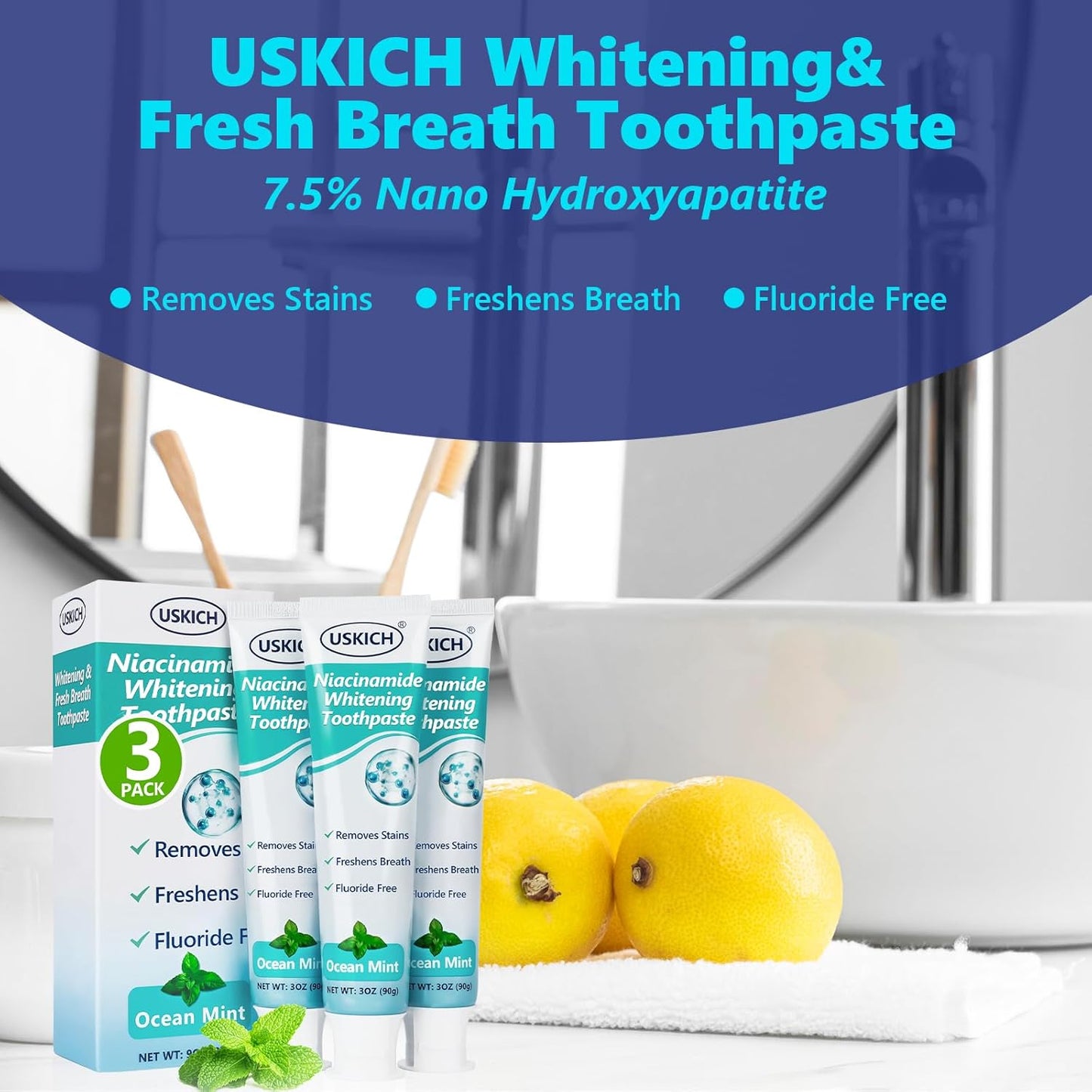 7.5% Nano-Hydroxyapatite Toothpaste,3 Pack Fresh Breath Whitening Toothpaste for Remineralizing Enamel & Sensitive Relief,Antiplaque,Natural Peppermint,Fluoride-Free