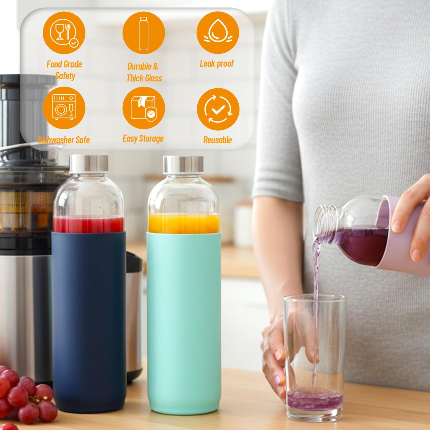 Luxfuel Clear Glass Bottles with Lids 18 oz, Reusable Glass Water Bottles with Stainless Steel Cap for Refrigerator, Juicing, 100% Leak Proof, BPA Free, Juice Bottle Drinking Jar Containers Set of 6