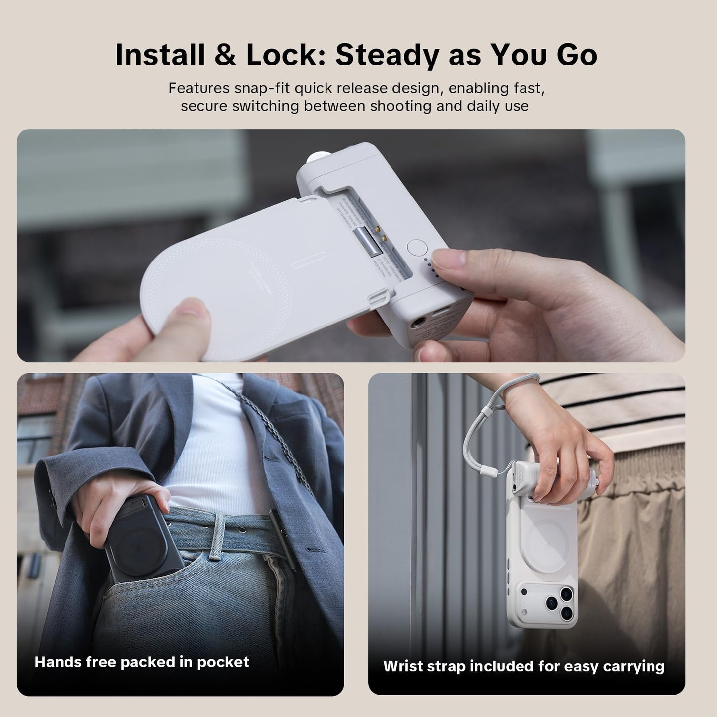PGYTECH MagCam Phone Camera Grip with App, Built in 3000mAh Powerbank/Detachable Bluetooth Remote/Phone Stand, 3-in-1 Magnetic Camera Phone Grip with MagSafe Wireless Charging, Grey