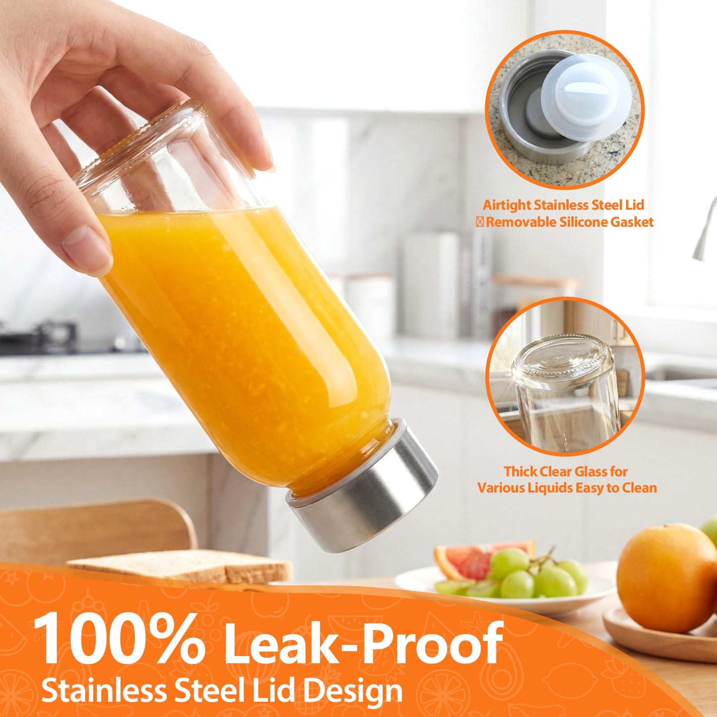 Luxfuel Clear Glass Bottles with Lids 18 oz, Reusable Glass Water Bottles with Stainless Steel Cap for Refrigerator, Juicing, 100% Leak Proof, BPA Free, Juice Bottle Drinking Jar Containers Set of 6