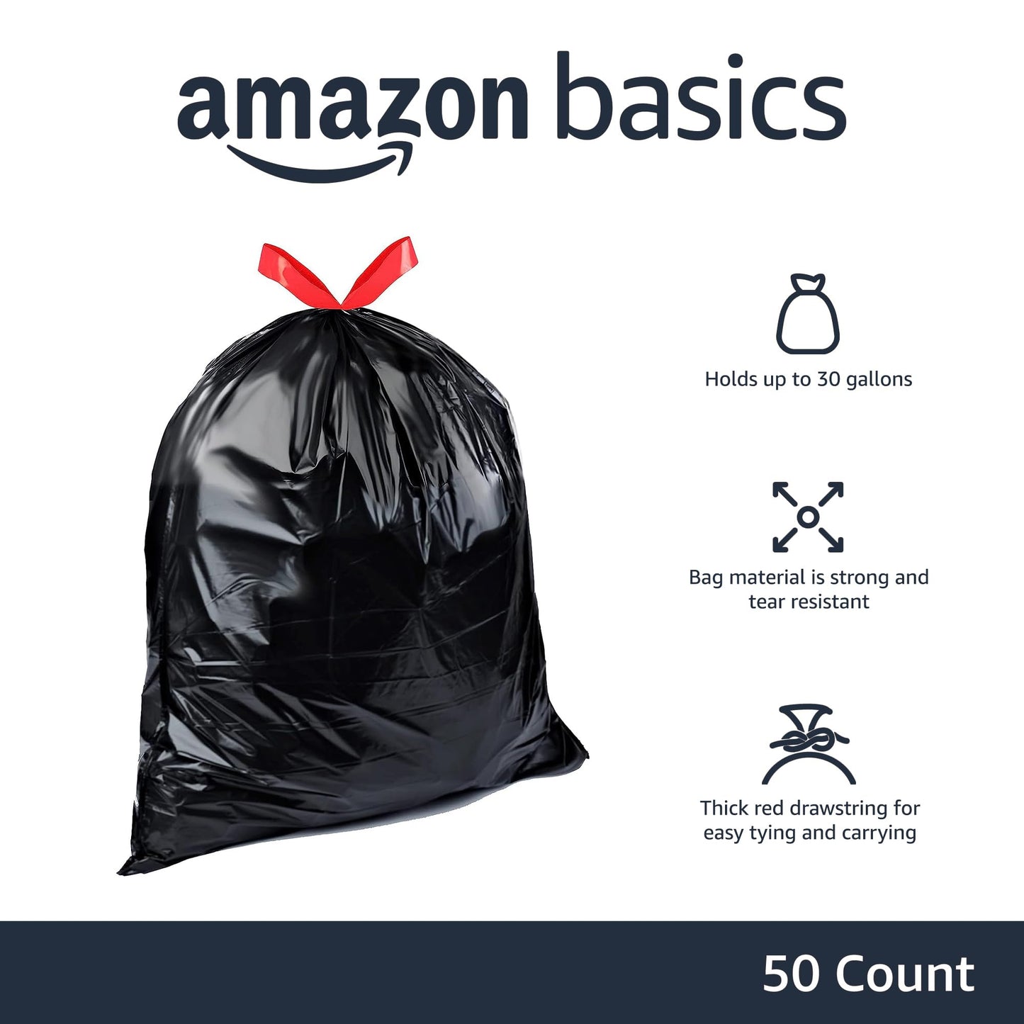 Amazon Basics Multipurpose Drawstring Trash Bags, 30 Gallon Capacity, Tear Resistant, 50 Count (Previously Solimo)