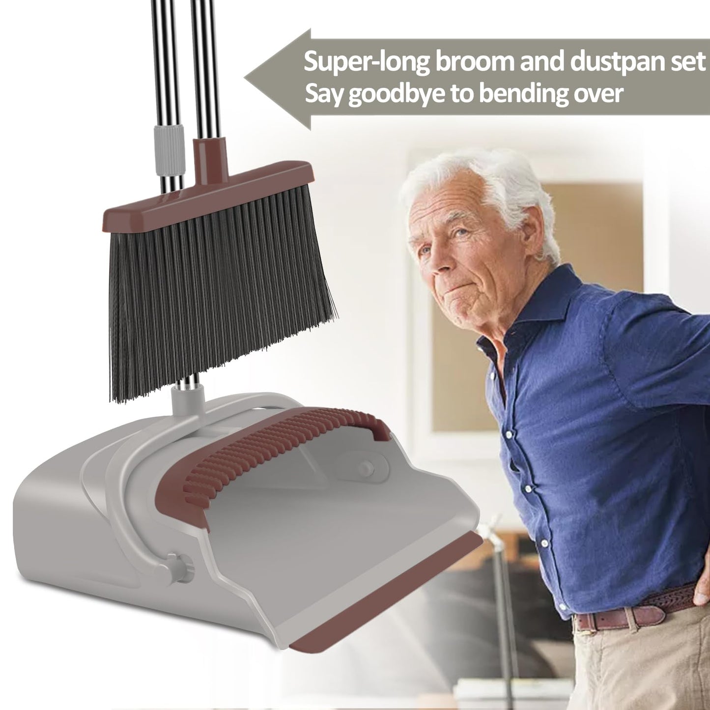 kelamayi Upgrade Broom and Dustpan Set, Self-Cleaning with Dustpan Teeth, Indoor&Outdoor Sweeping, Ideal for Dog Cat Pets Home Use, Stand Up Broom and Dustpan (Gray&Orange)