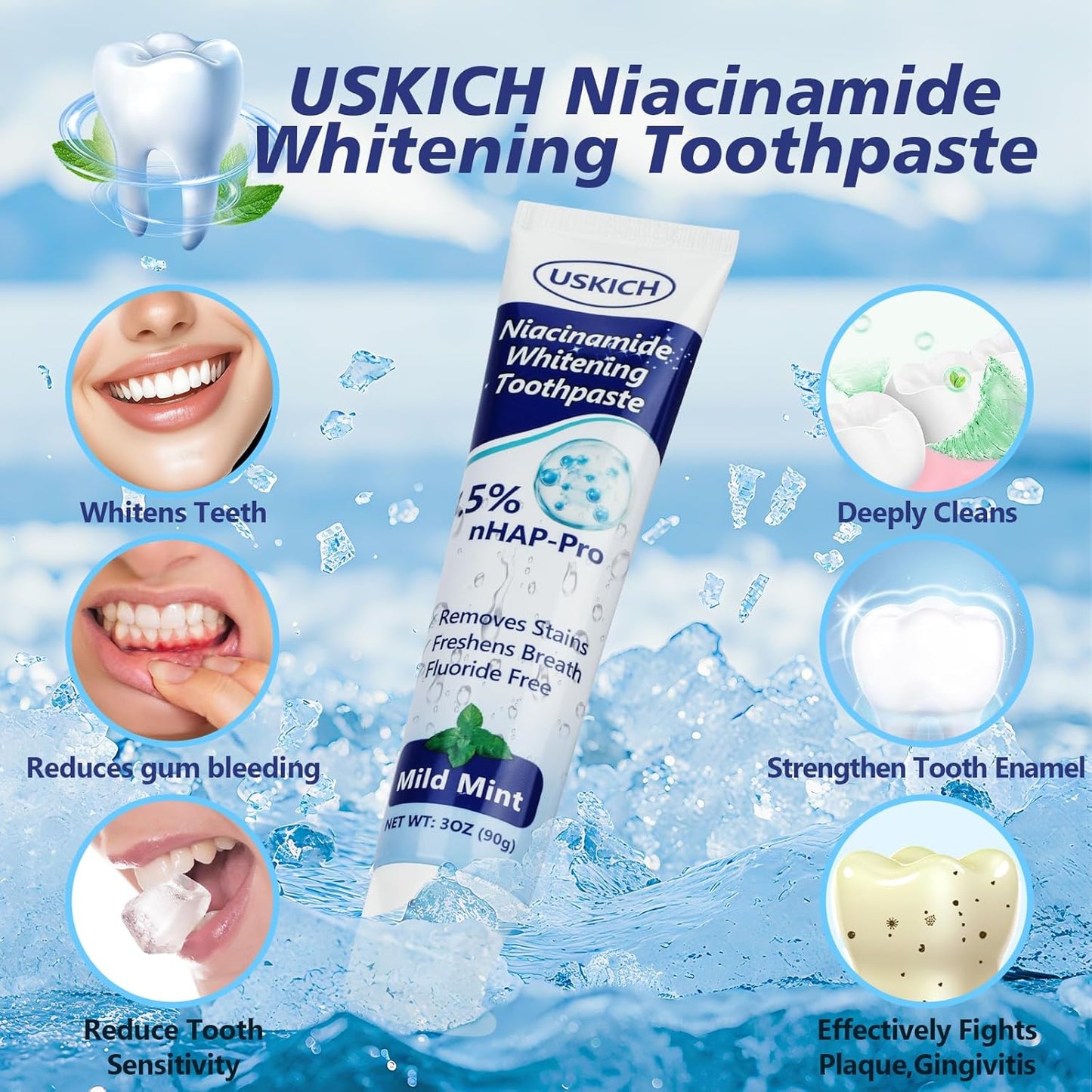 7.5% Nano-Hydroxyapatite Toothpaste,3 Pack Fresh Breath Whitening Toothpaste for Remineralizing Enamel & Sensitive Relief,Antiplaque,Natural Peppermint,Fluoride-Free