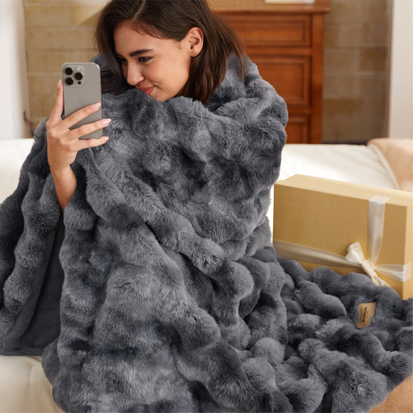 Bedsure GentleSoft Fluffy Fuzzy Tie-dye Taupe Throw Blanket for Bed, Soft Cozy Fleece Faux Fur Blanket for Couch, Taupe Room Decor Minky Velvet Sofa Cover, Women Gifts Thick Warm Plush Winter Bedding