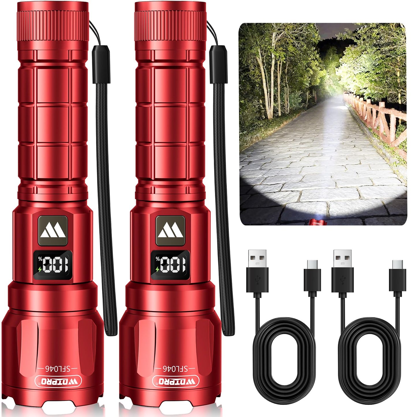 Wdtpro LED Rechargeable Flashlight 2Pack, 3Modes Super Bright High Lumens Flashlights, Zoomable Tactical Flashlight with LCD Display, IP65 Waterproof Flashlights for Home Emergency Camping & Gifts Men