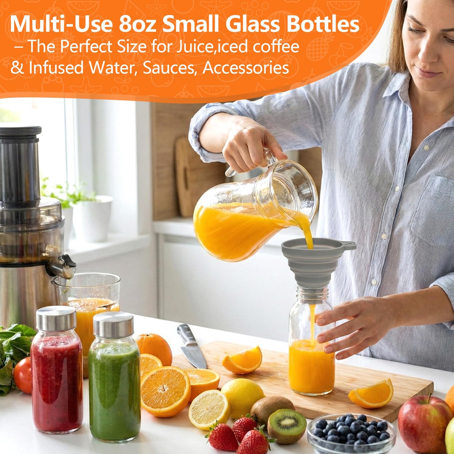 Luxfuel Clear Glass Bottles with Lids 18 oz, Reusable Glass Water Bottles with Stainless Steel Cap for Refrigerator, Juicing, 100% Leak Proof, BPA Free, Juice Bottle Drinking Jar Containers Set of 6