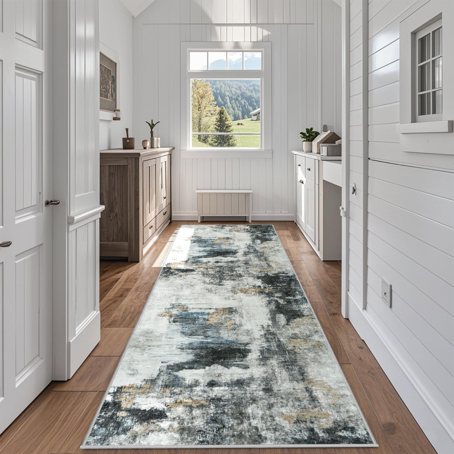 9x12 Area Rugs for Living Room Washable: Abstract Large Rug for Dining Room Bedroom Carpet Non Slip 9 by 12 Indoor Modern Nursery Home Office Blue Grey