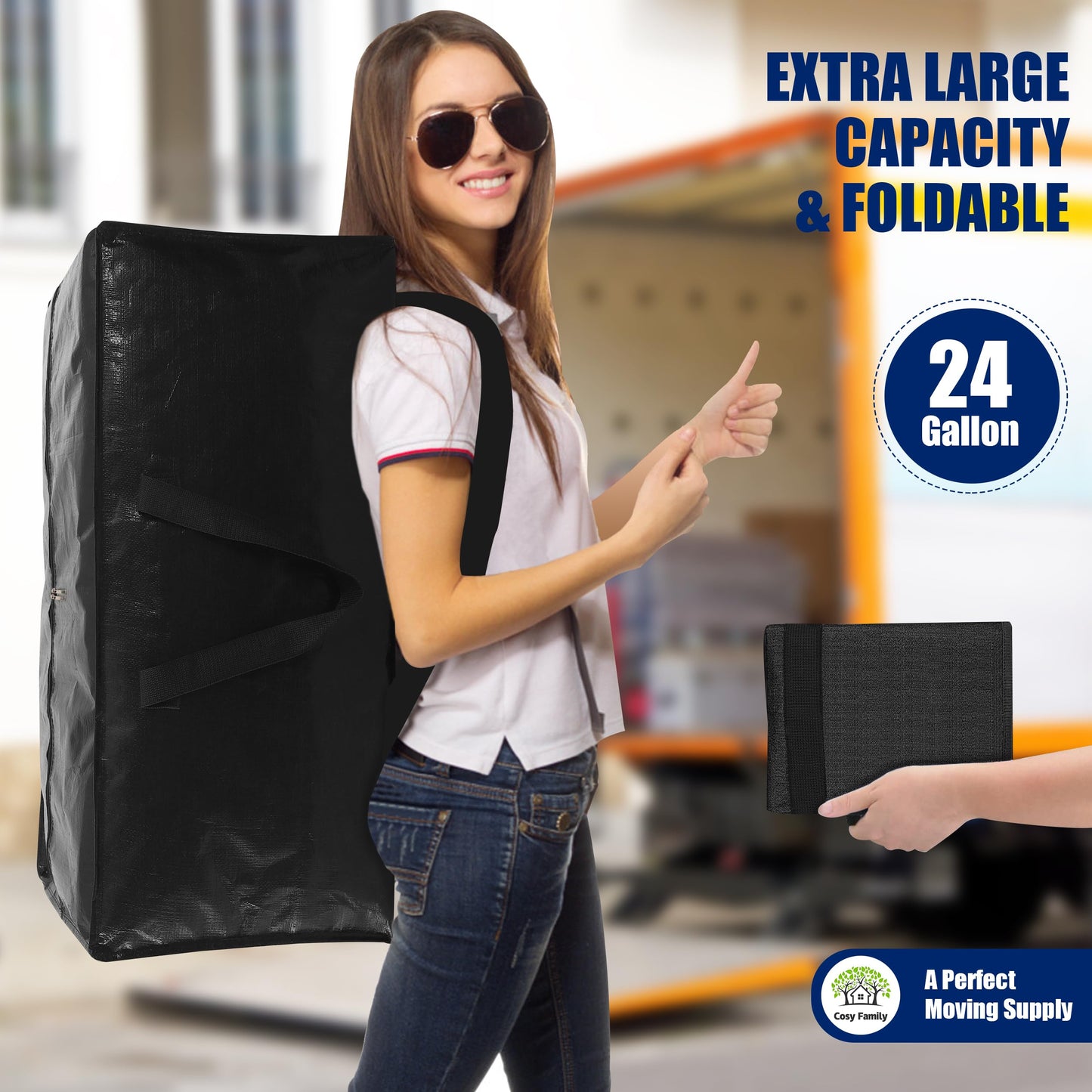 Cosy Family 8 Pack Heavy Duty Extra Large Moving Bags with Backpack Straps - Strong Handles & Zippers, Storage Totes For Space Saving, Fold Flat, Alternative to Moving Box (Set of 8, Blue)