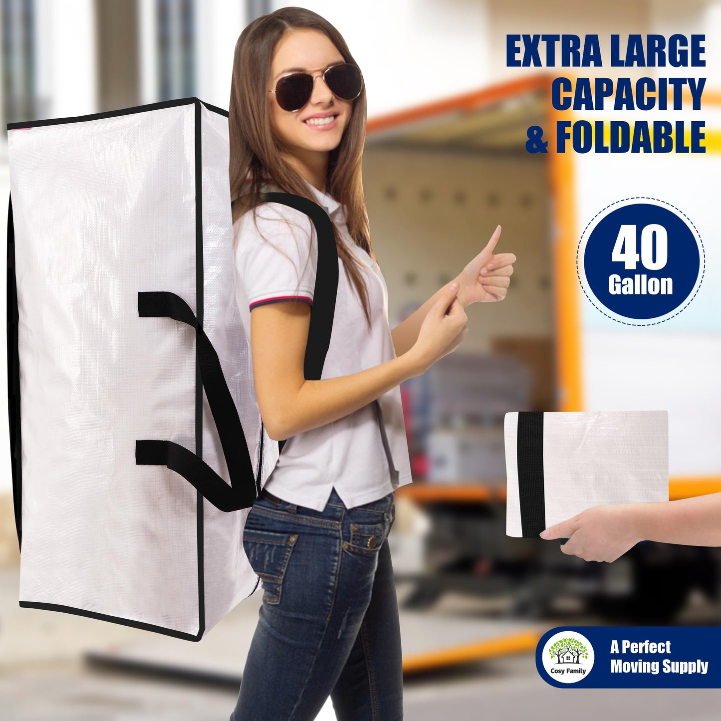 Cosy Family 8 Pack Heavy Duty Extra Large Moving Bags with Backpack Straps - Strong Handles & Zippers, Storage Totes For Space Saving, Fold Flat, Alternative to Moving Box (Set of 8, Blue)