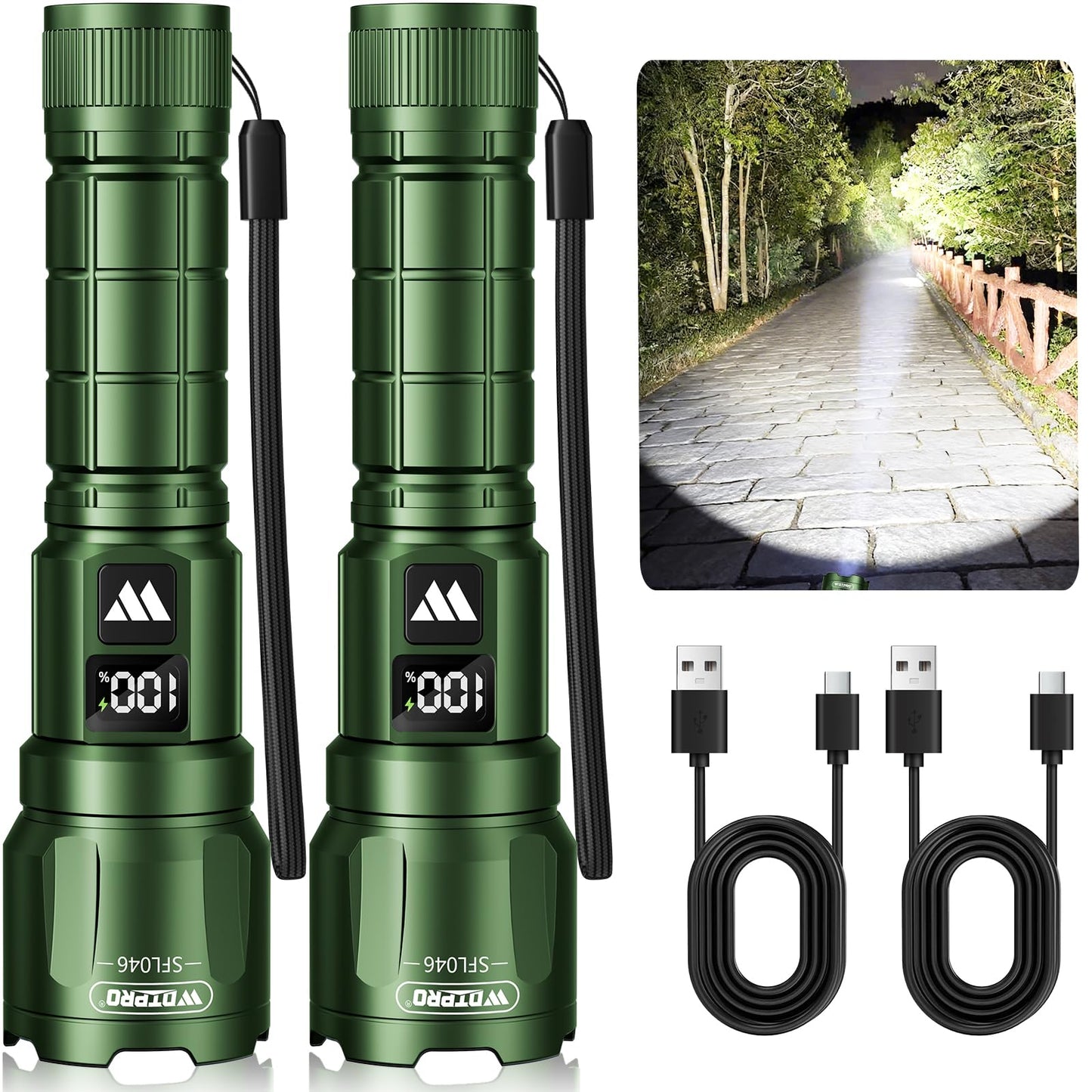 Wdtpro LED Rechargeable Flashlight 2Pack, 3Modes Super Bright High Lumens Flashlights, Zoomable Tactical Flashlight with LCD Display, IP65 Waterproof Flashlights for Home Emergency Camping & Gifts Men