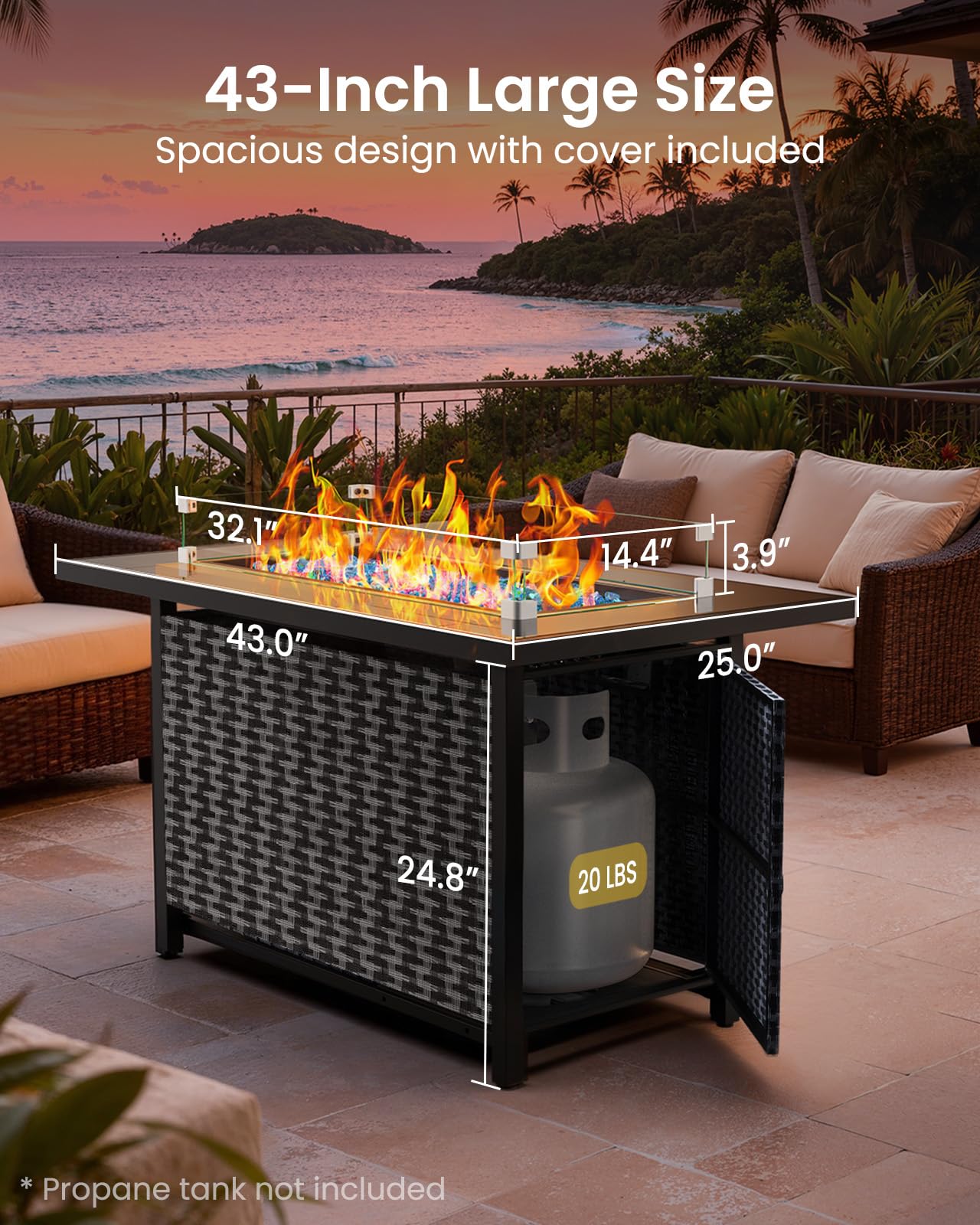 Ciays 43-Inch Rectangular Propane Fire Pit with 60,000 BTU Output, Fire Pit Table Premium Gas for Outside Patio with 304 Stainless Steel H-Burner, Glass Stones, and Wind Guard,Black