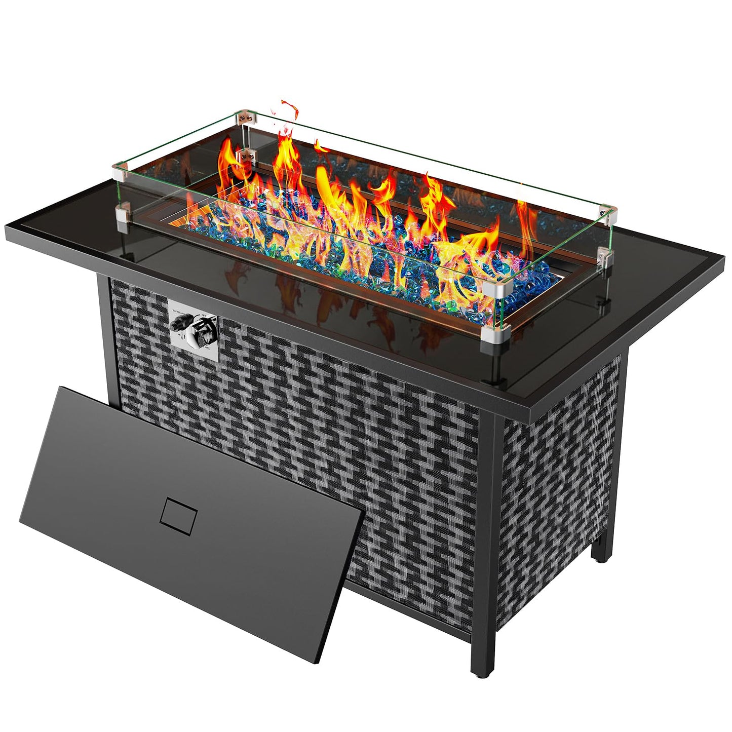 Ciays 43-Inch Rectangular Propane Fire Pit with 60,000 BTU Output, Fire Pit Table Premium Gas for Outside Patio with 304 Stainless Steel H-Burner, Glass Stones, and Wind Guard,Black