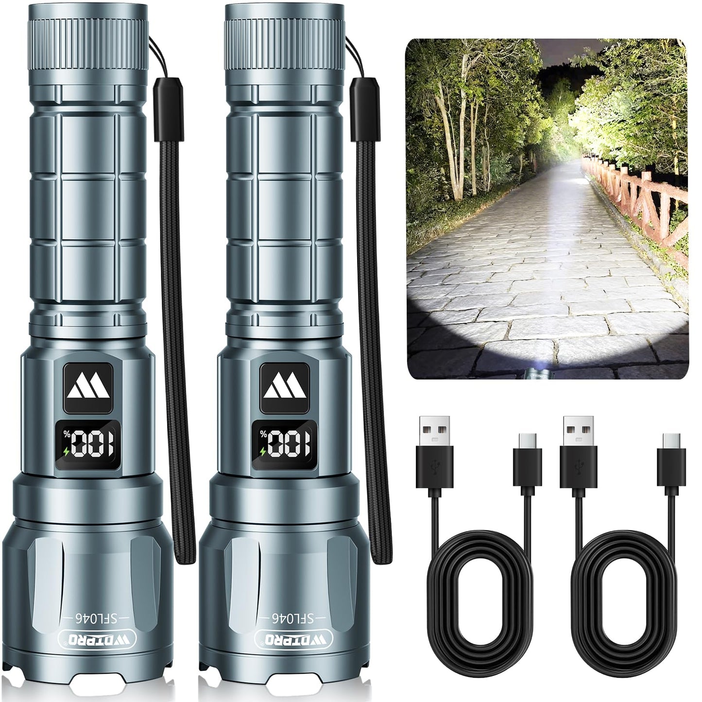 Wdtpro LED Rechargeable Flashlight 2Pack, 3Modes Super Bright High Lumens Flashlights, Zoomable Tactical Flashlight with LCD Display, IP65 Waterproof Flashlights for Home Emergency Camping & Gifts Men