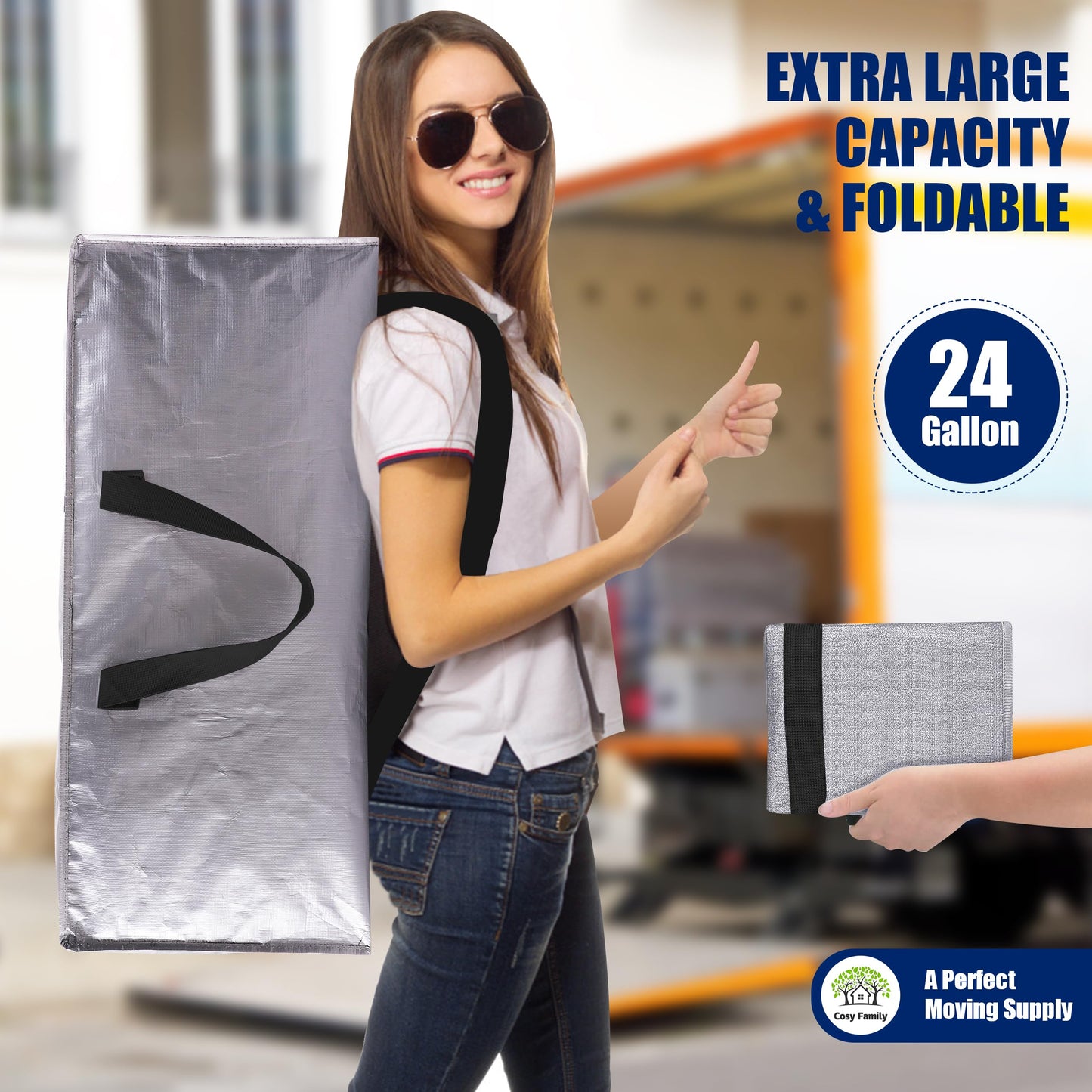 Cosy Family 8 Pack Heavy Duty Extra Large Moving Bags with Backpack Straps - Strong Handles & Zippers, Storage Totes For Space Saving, Fold Flat, Alternative to Moving Box (Set of 8, Blue)