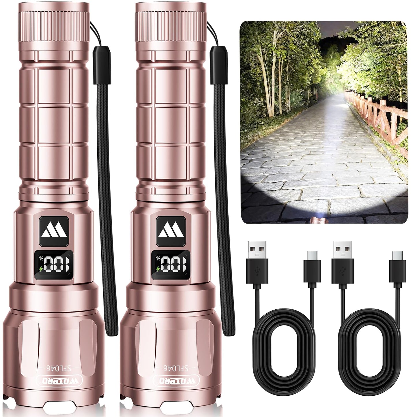 Wdtpro LED Rechargeable Flashlight 2Pack, 3Modes Super Bright High Lumens Flashlights, Zoomable Tactical Flashlight with LCD Display, IP65 Waterproof Flashlights for Home Emergency Camping & Gifts Men