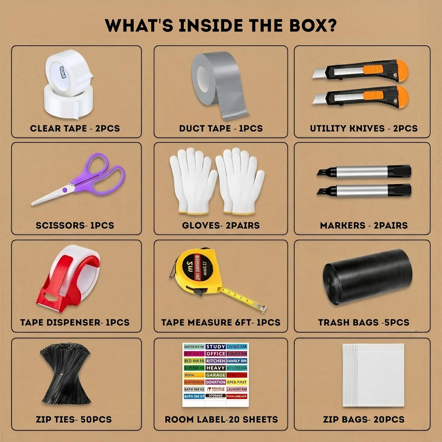 Moving Kit, Packing Supplies Set, Moving Supplies: Tape, Tape Dispenser, Duct Tape, Scissors, Utility Knifes