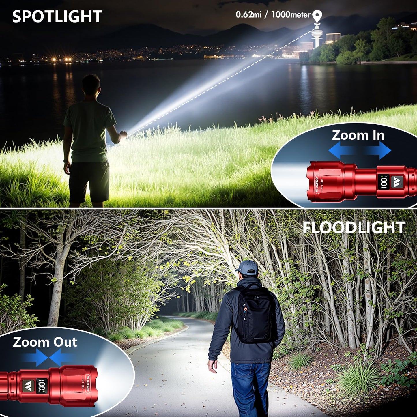 Wdtpro LED Rechargeable Flashlight 2Pack, 3Modes Super Bright High Lumens Flashlights, Zoomable Tactical Flashlight with LCD Display, IP65 Waterproof Flashlights for Home Emergency Camping & Gifts Men