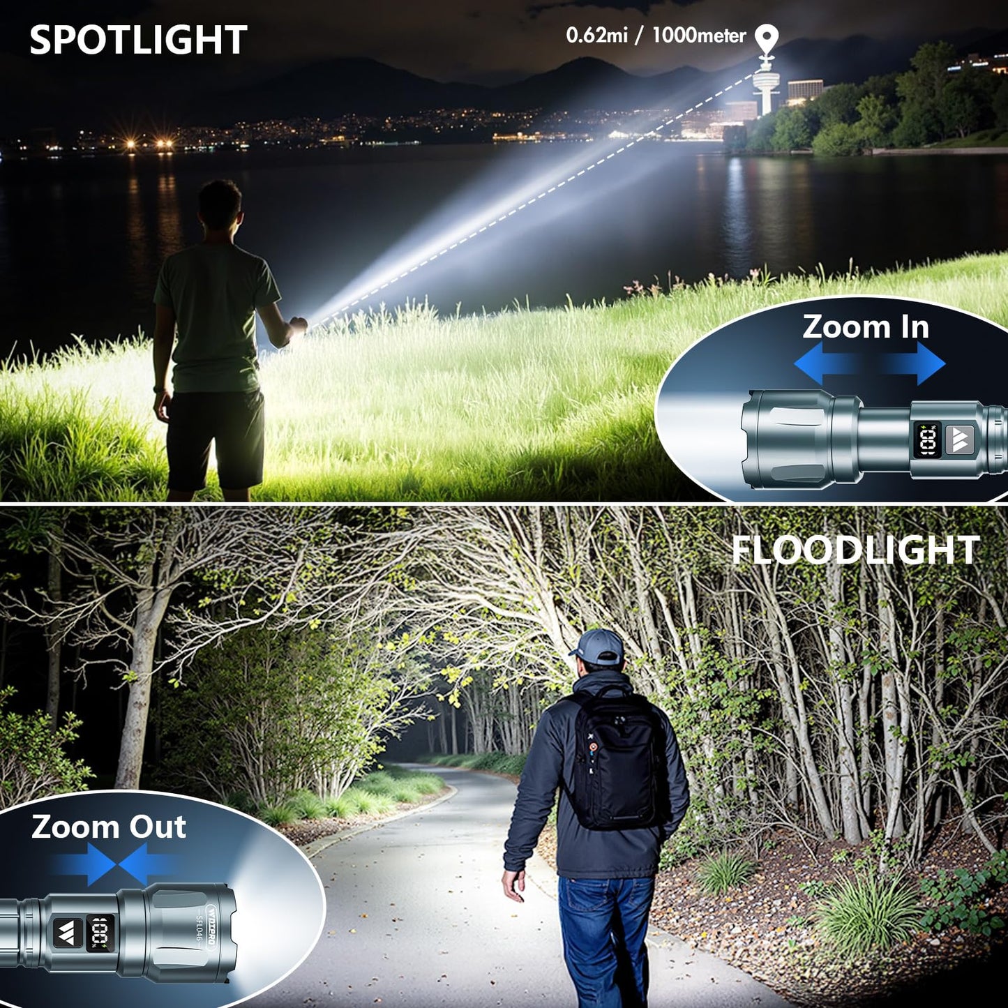 Wdtpro LED Rechargeable Flashlight 2Pack, 3Modes Super Bright High Lumens Flashlights, Zoomable Tactical Flashlight with LCD Display, IP65 Waterproof Flashlights for Home Emergency Camping & Gifts Men