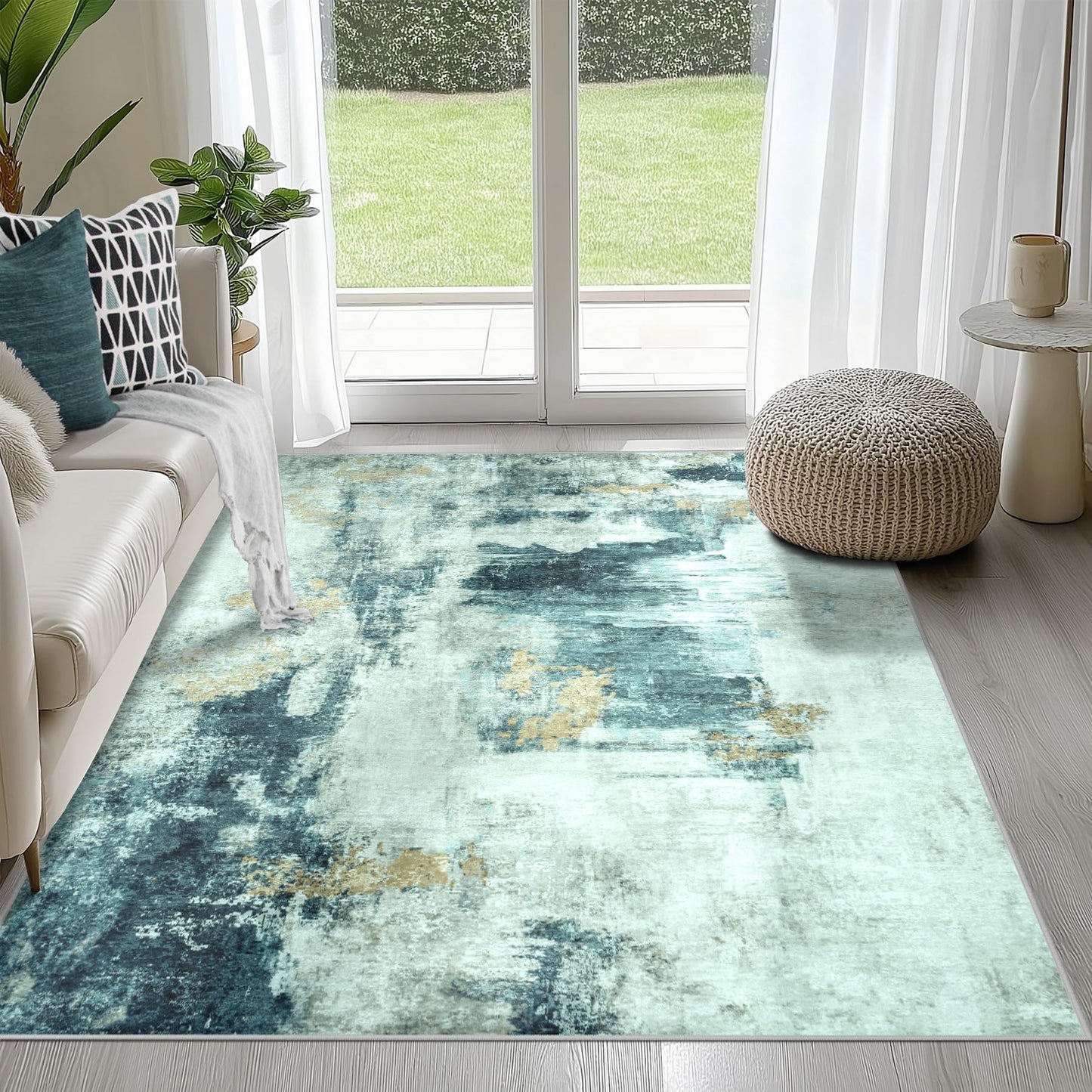 9x12 Area Rugs for Living Room Washable: Abstract Large Rug for Dining Room Bedroom Carpet Non Slip 9 by 12 Indoor Modern Nursery Home Office Blue Grey