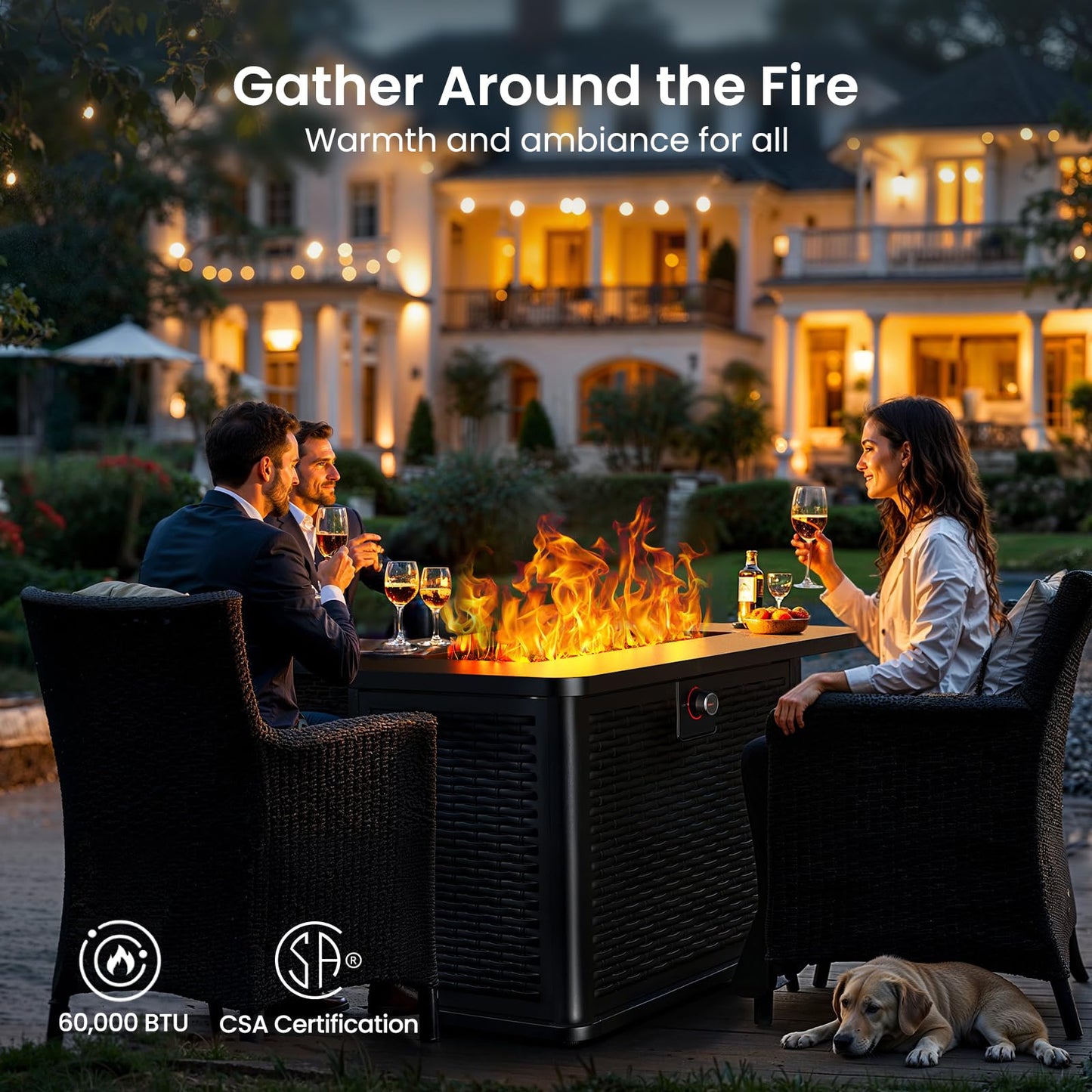 Ciays 43-Inch Rectangular Propane Fire Pit with 60,000 BTU Output, Fire Pit Table Premium Gas for Outside Patio with 304 Stainless Steel H-Burner, Glass Stones, and Wind Guard,Black
